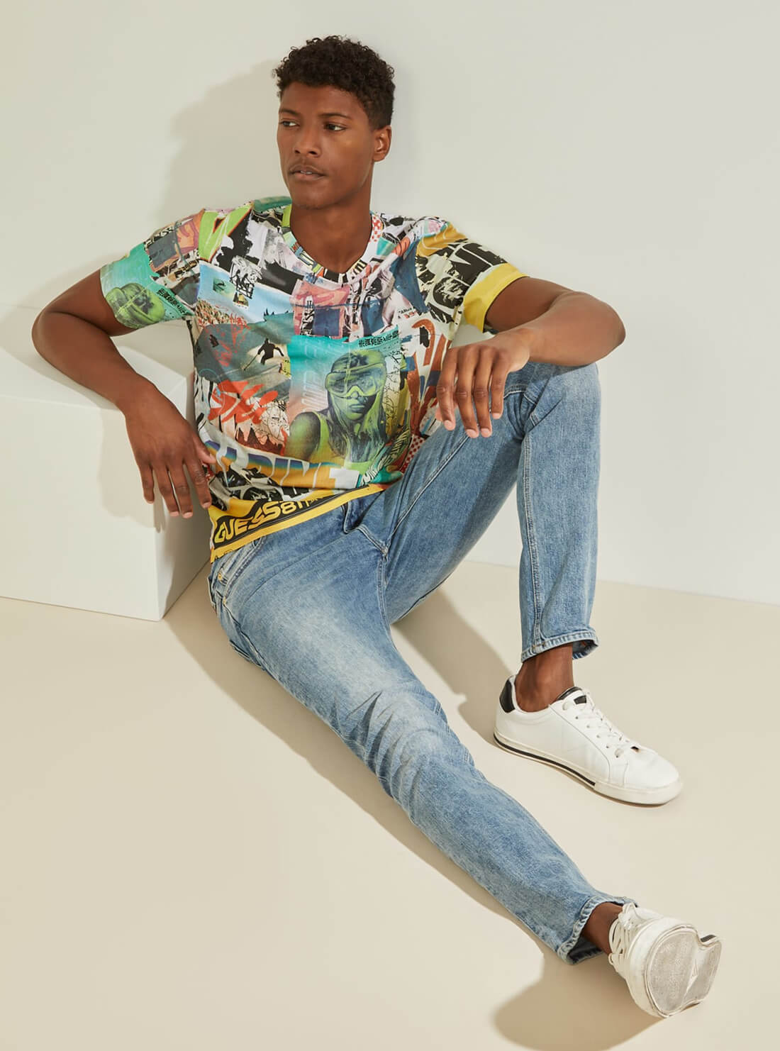 GUESS Mens Collage Poster Print T-Shirt MBBI41K8HA2 Model View