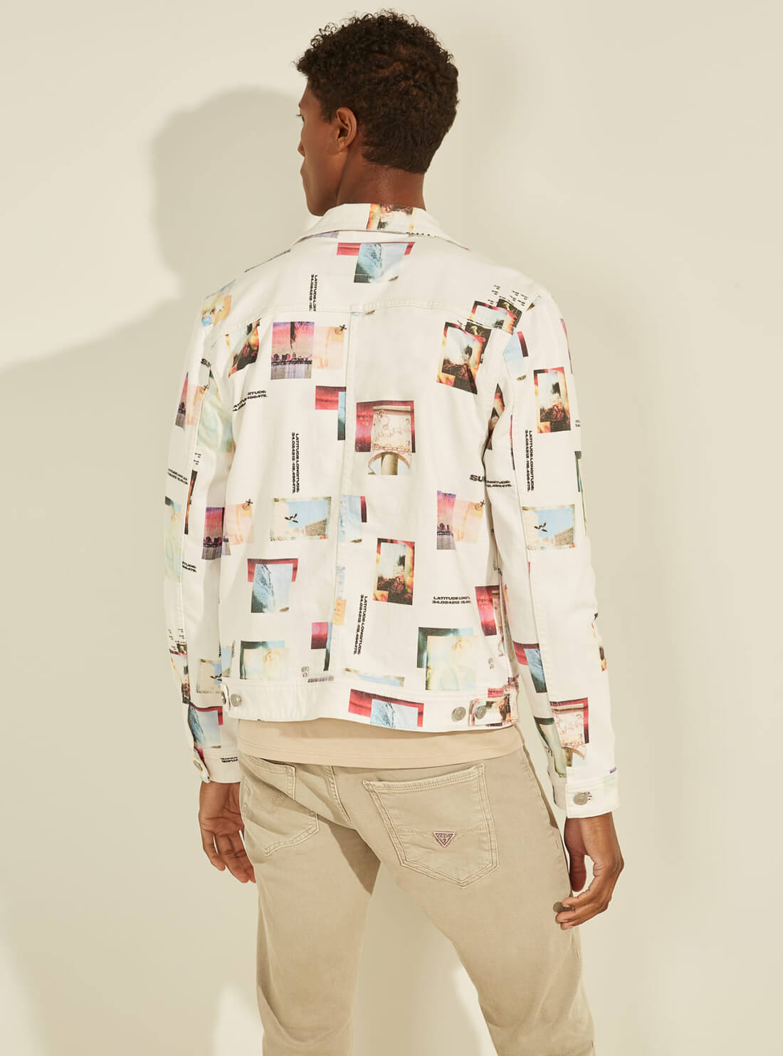 GUESS Mens Collage Print White Denim Jacket M1YXN1R3DN1 Back View