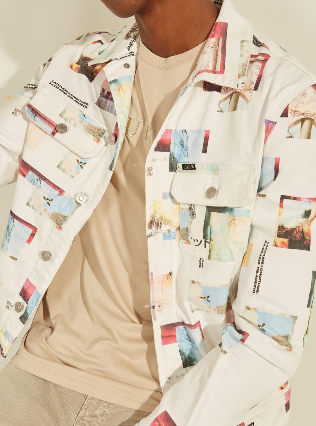 GUESS Mens Collage Print White Denim Jacket M1YXN1R3DN1 Detail View