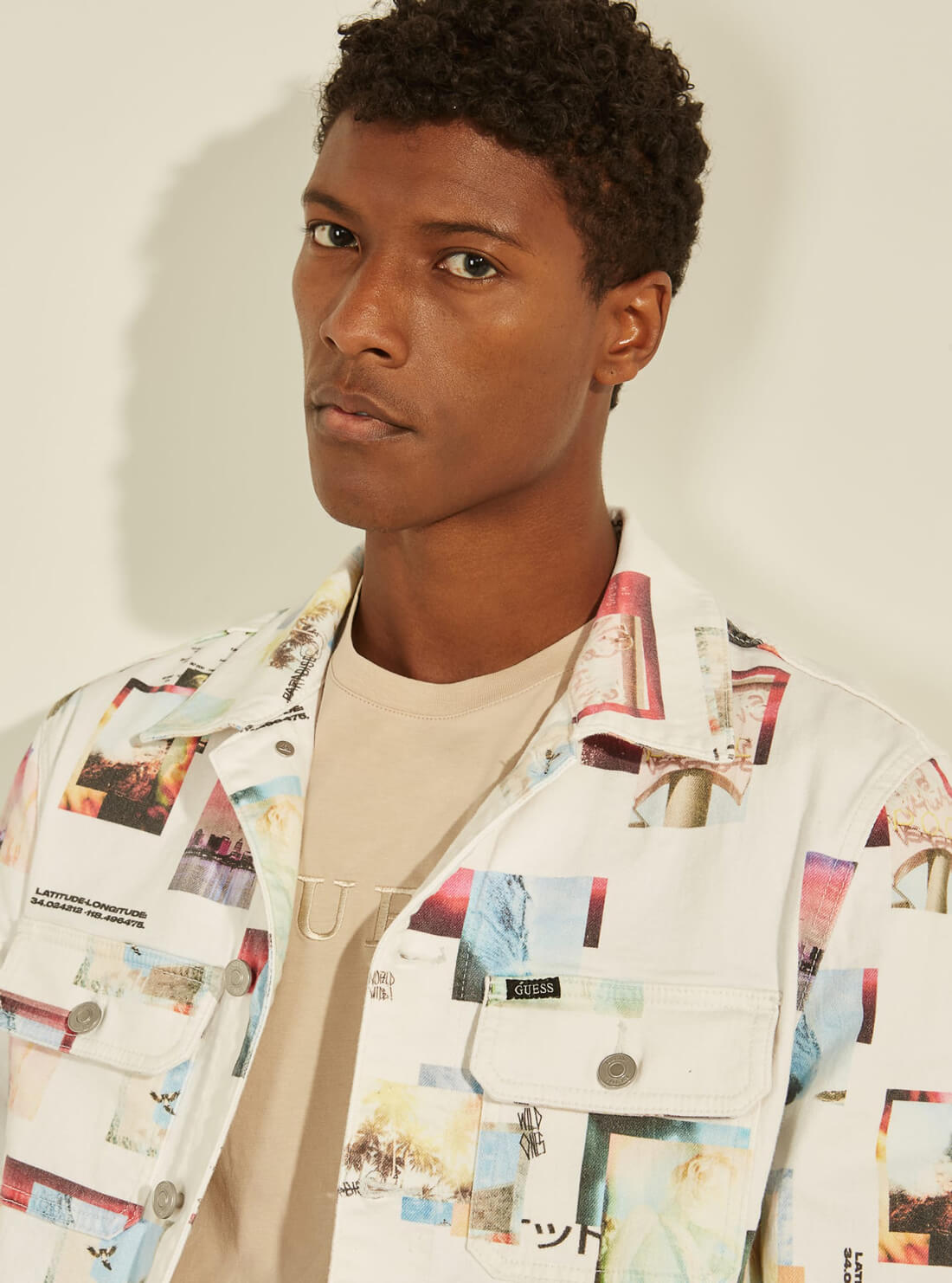 GUESS Mens Collage Print White Denim Jacket M1YXN1R3DN1 Collar View