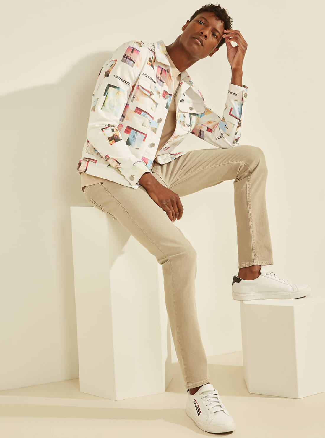 GUESS Mens Collage Print White Denim Jacket M1YXN1R3DN1 Full View