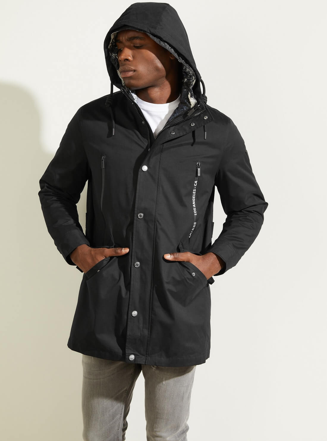 GUESS Mens Black Reversible Commuter Double Parka Jacket M1BL18WE6U0 Hood View