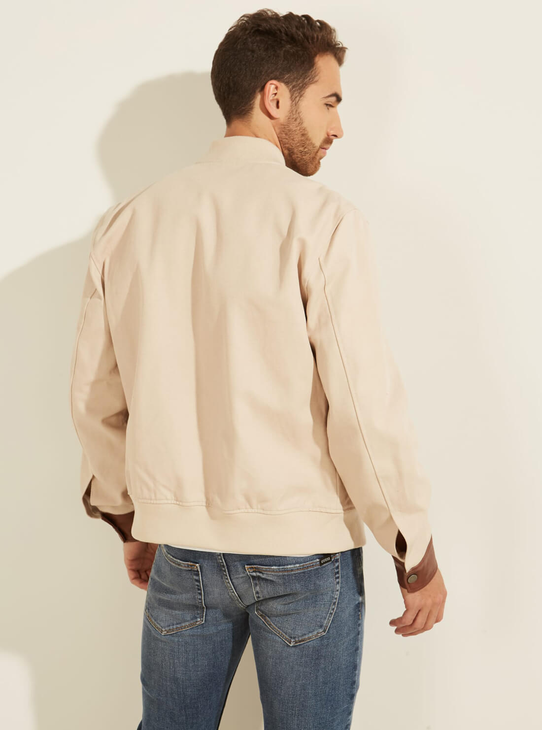GUESS Mens Cream Davis Sailor Bomber Jacket M1GL35RDYH0 Model Back View