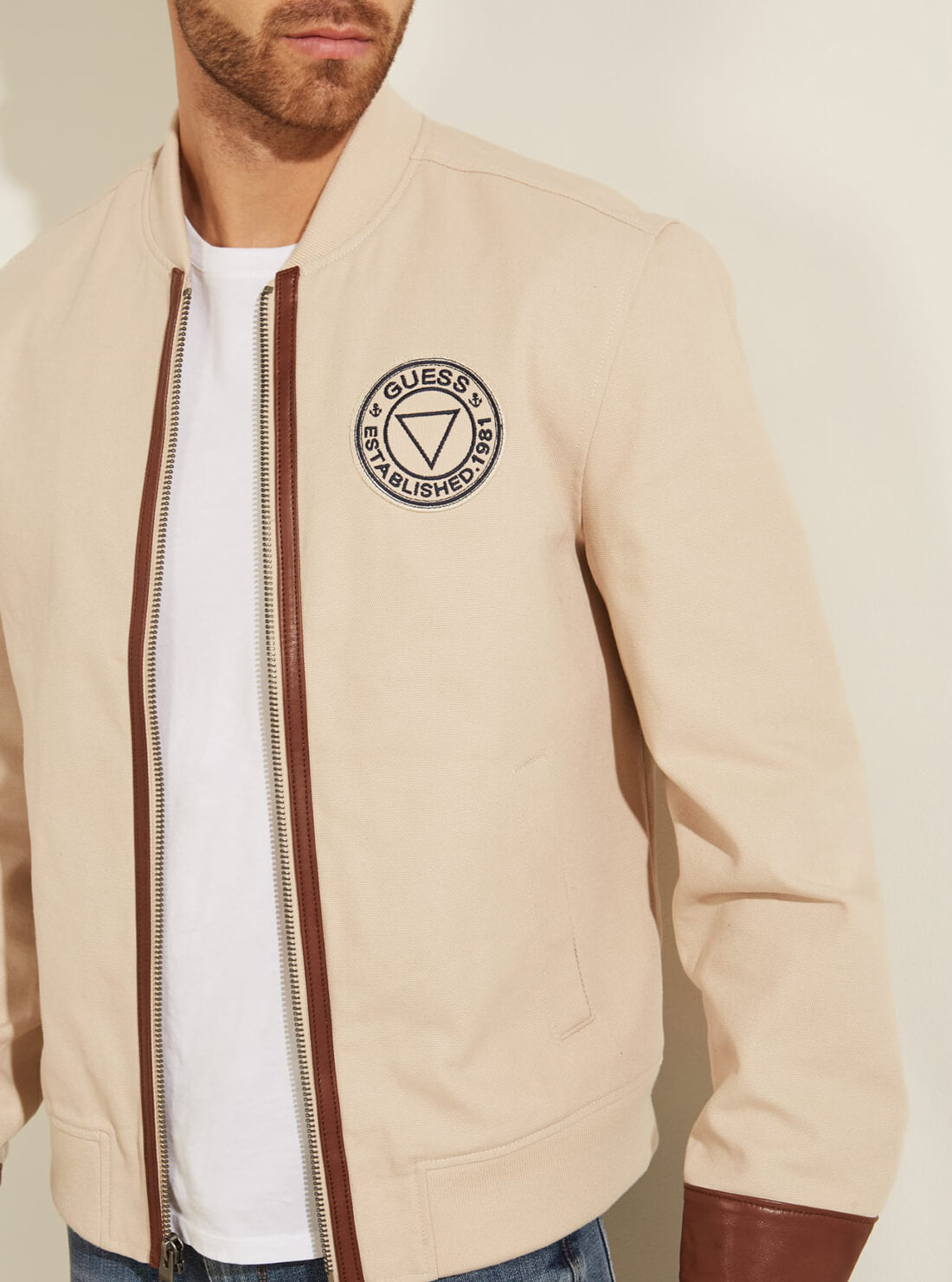 GUESS Mens Cream Davis Sailor Bomber Jacket M1GL35RDYH0 Model Detail View