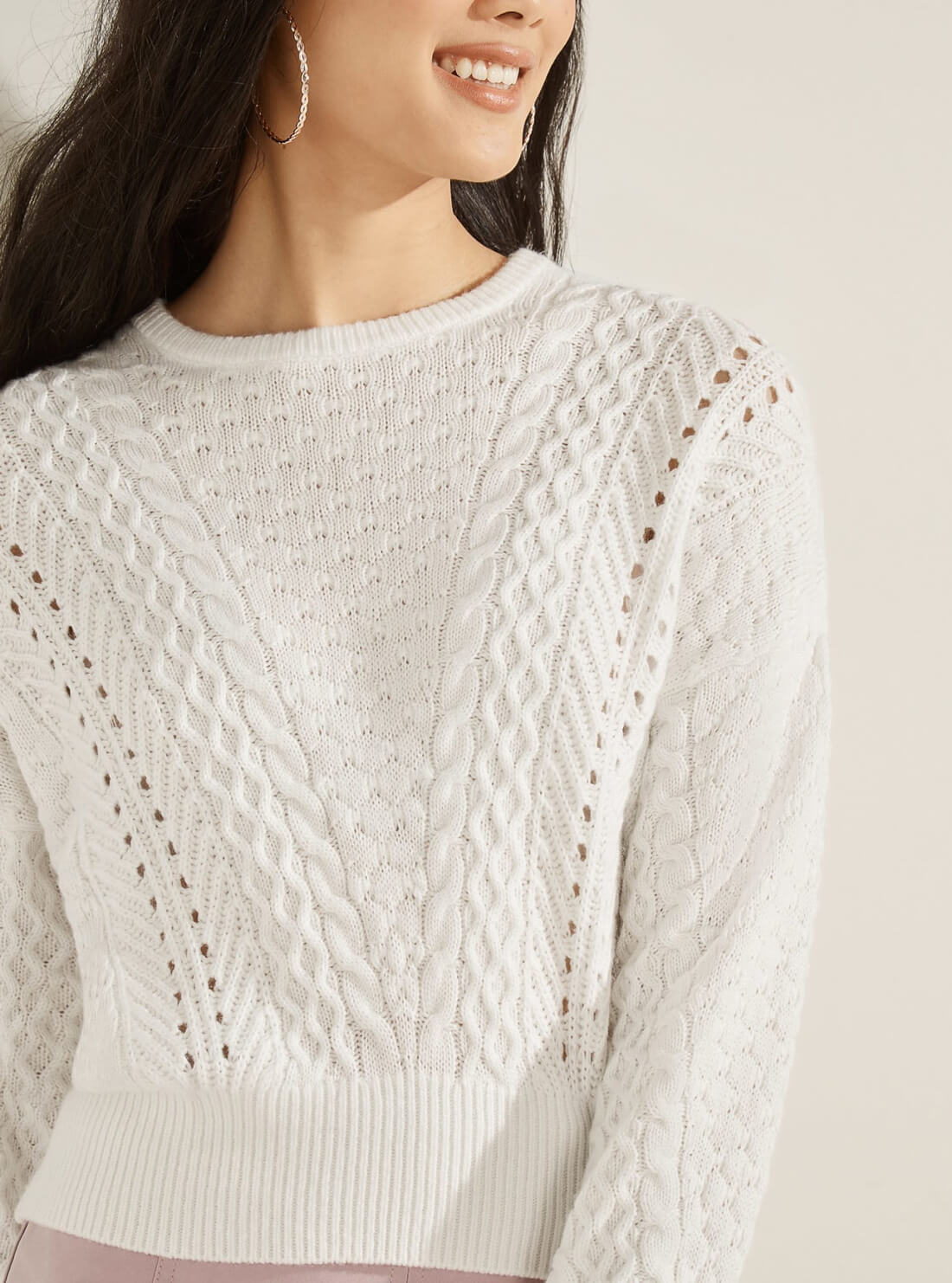 GUESS Womens White Braya Cable Knit Sweater Top  W1BR52Z2WL0 Detail View