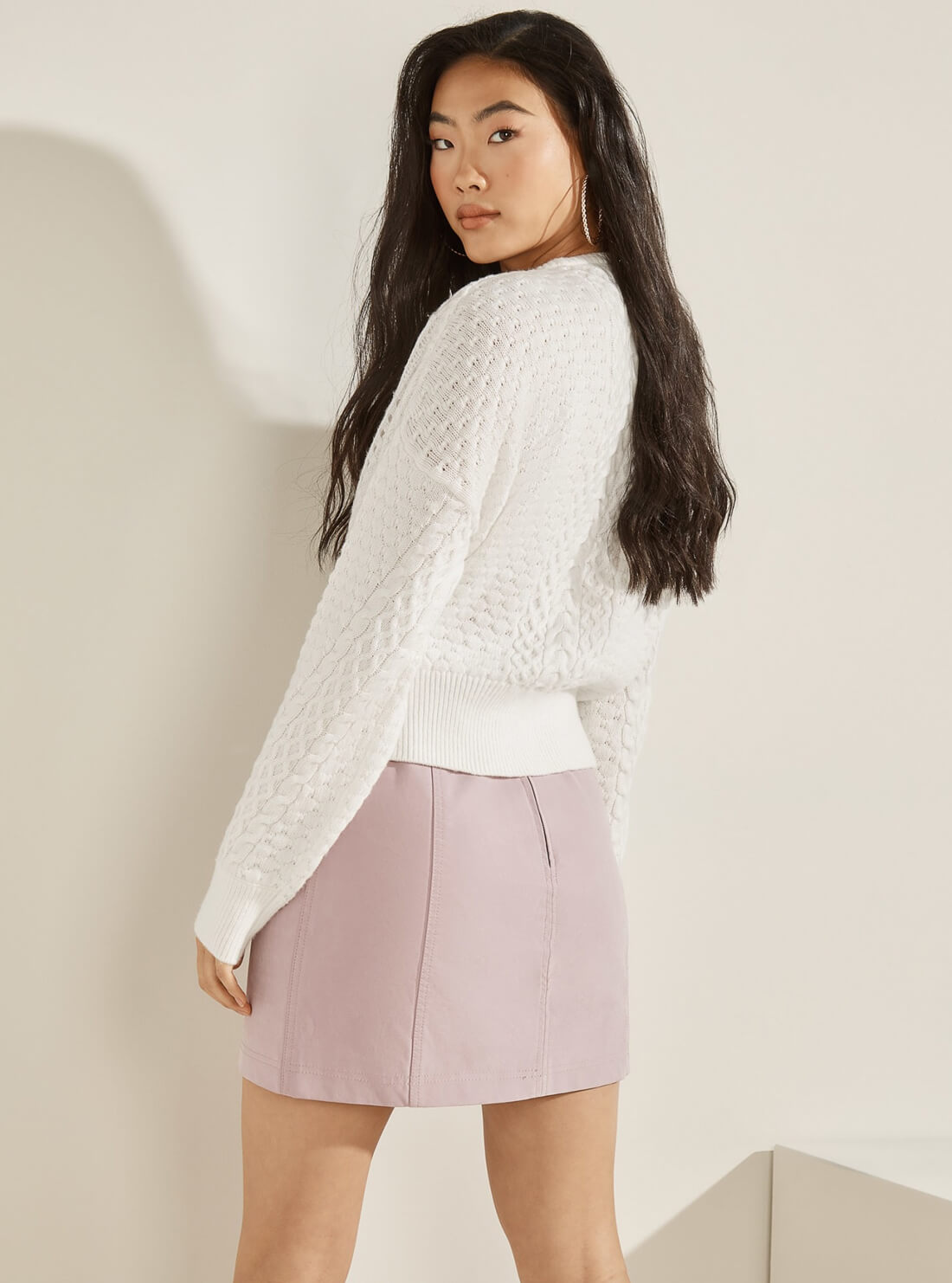 GUESS Womens White Braya Cable Knit Sweater Top  W1BR52Z2WL0 Back View