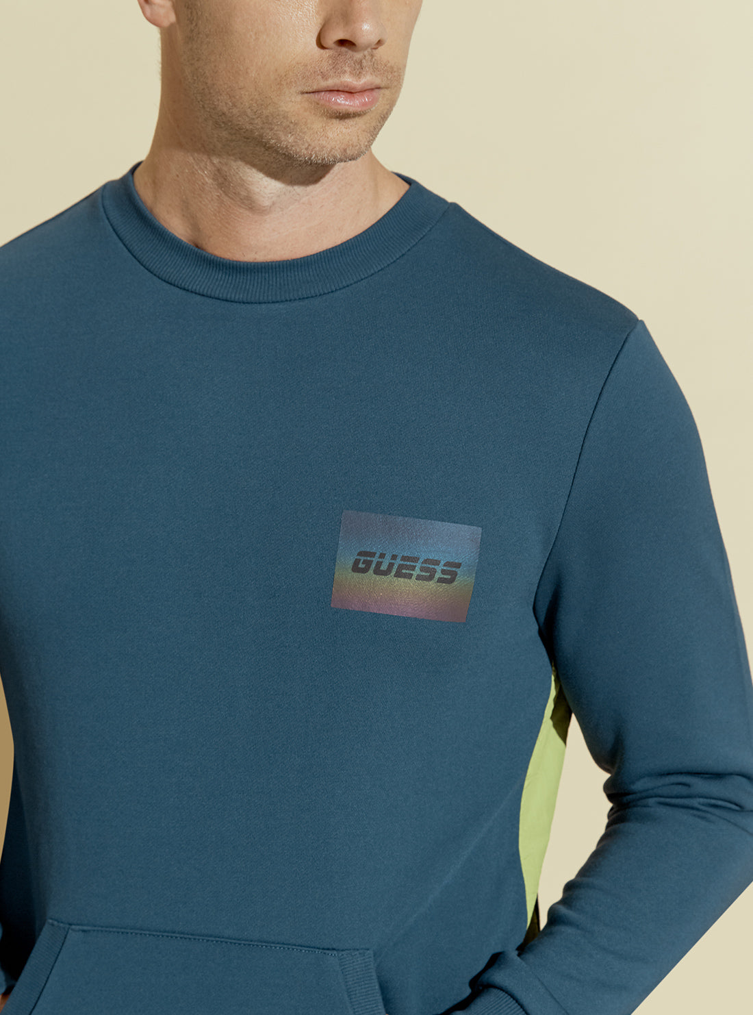 GUESS Mens Blue Crew Neck Metallic Logo Sweatshirt U0BA02KA560 Detail View