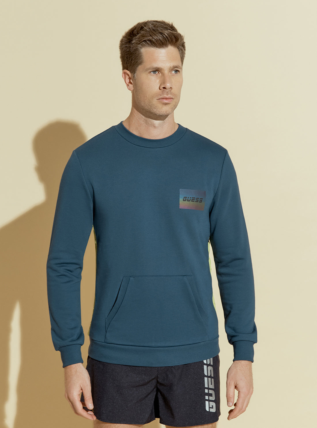 GUESS Mens Blue Crew Neck Metallic Logo Sweatshirt U0BA02KA560 Front View