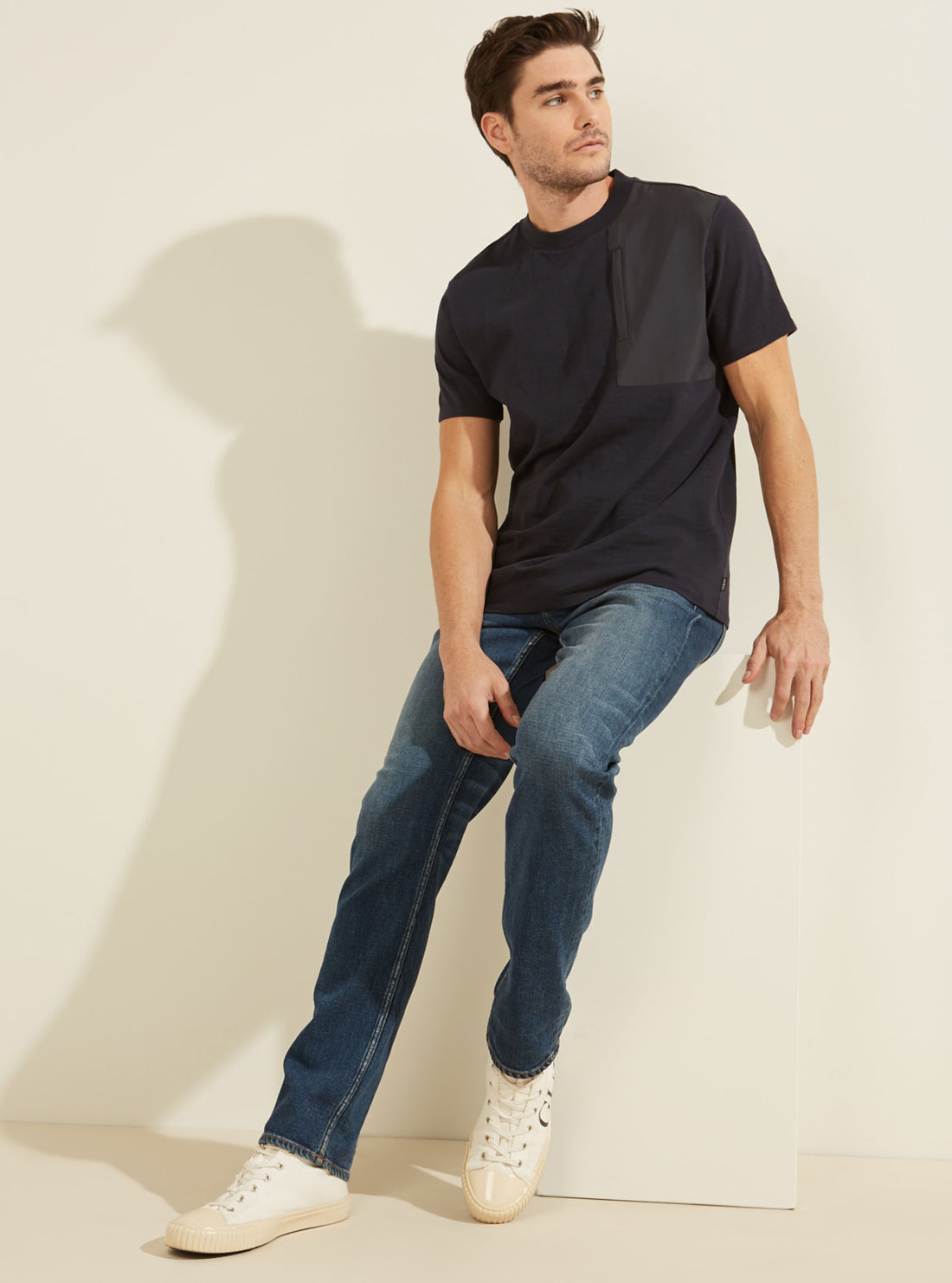 GUESS Mens Deep Navy David Nylon Pocket T-Shirt M1GP18RA7O0 Full View