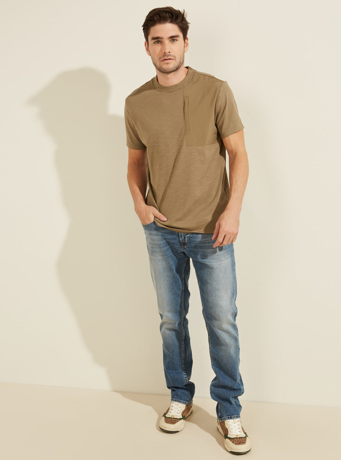 GUESS Mens Tan David Nylon Pocket T-Shirt M1GP18RA7O0 Full View