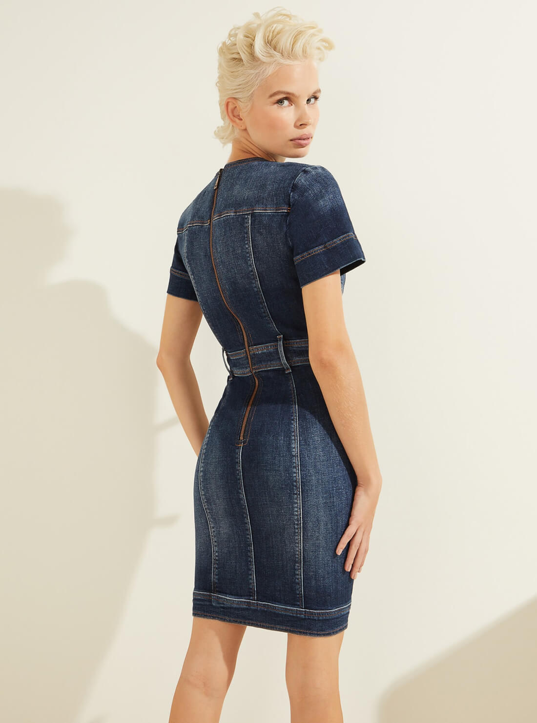 GUESS Womens Denim Shelby Mini Dress In Navy Mid Wash W1BK24D4H11 Back View