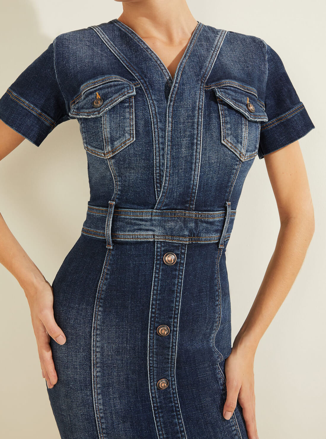 GUESS Womens Denim Shelby Mini Dress In Navy Mid Wash W1BK24D4H11 Detail View