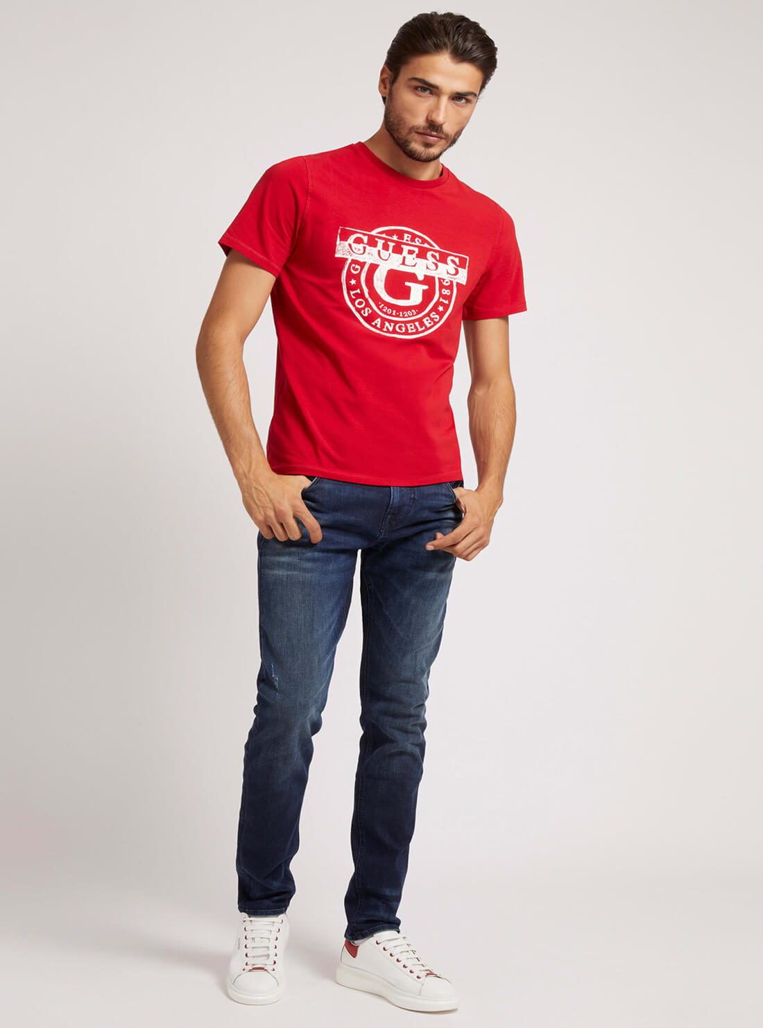 GUESS Mens Red Double G Logo T-Shirt M1BI35J1311 Full View
