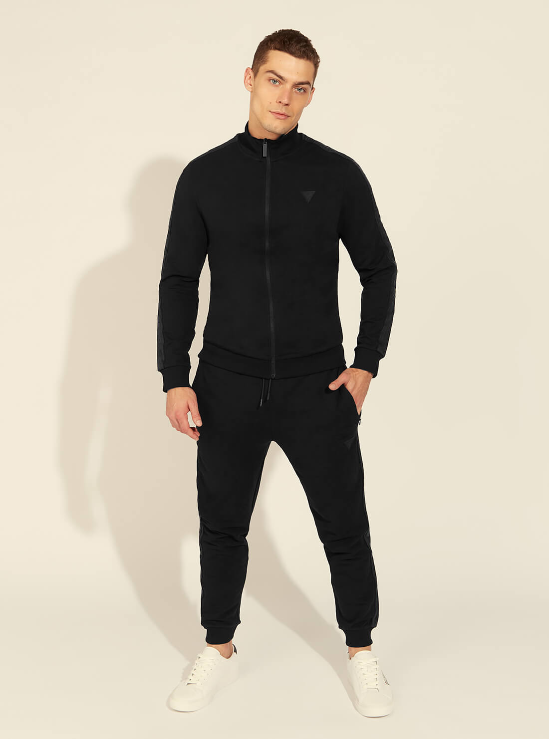 GUESS Mens Eco Black Zip-Front Sports Jacket U1GA12K6ZS1 Full Closed View