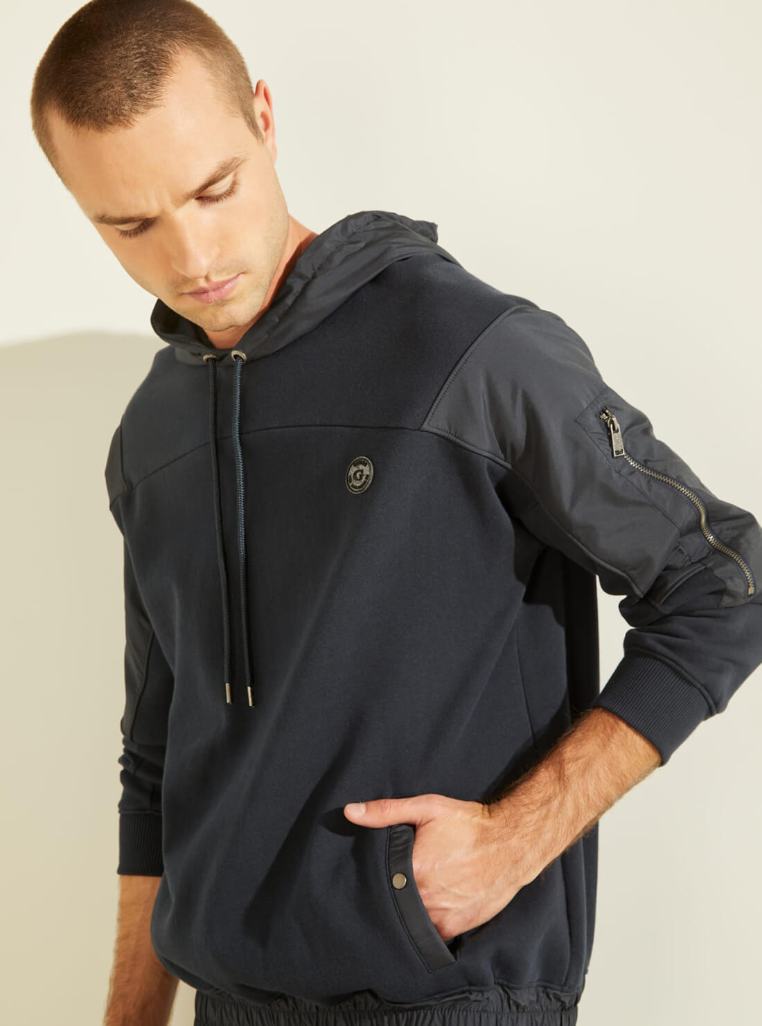 GUESS Mens Eco Navy Roy Pullover Hoodie M1GQ03R9YH1 Detail View