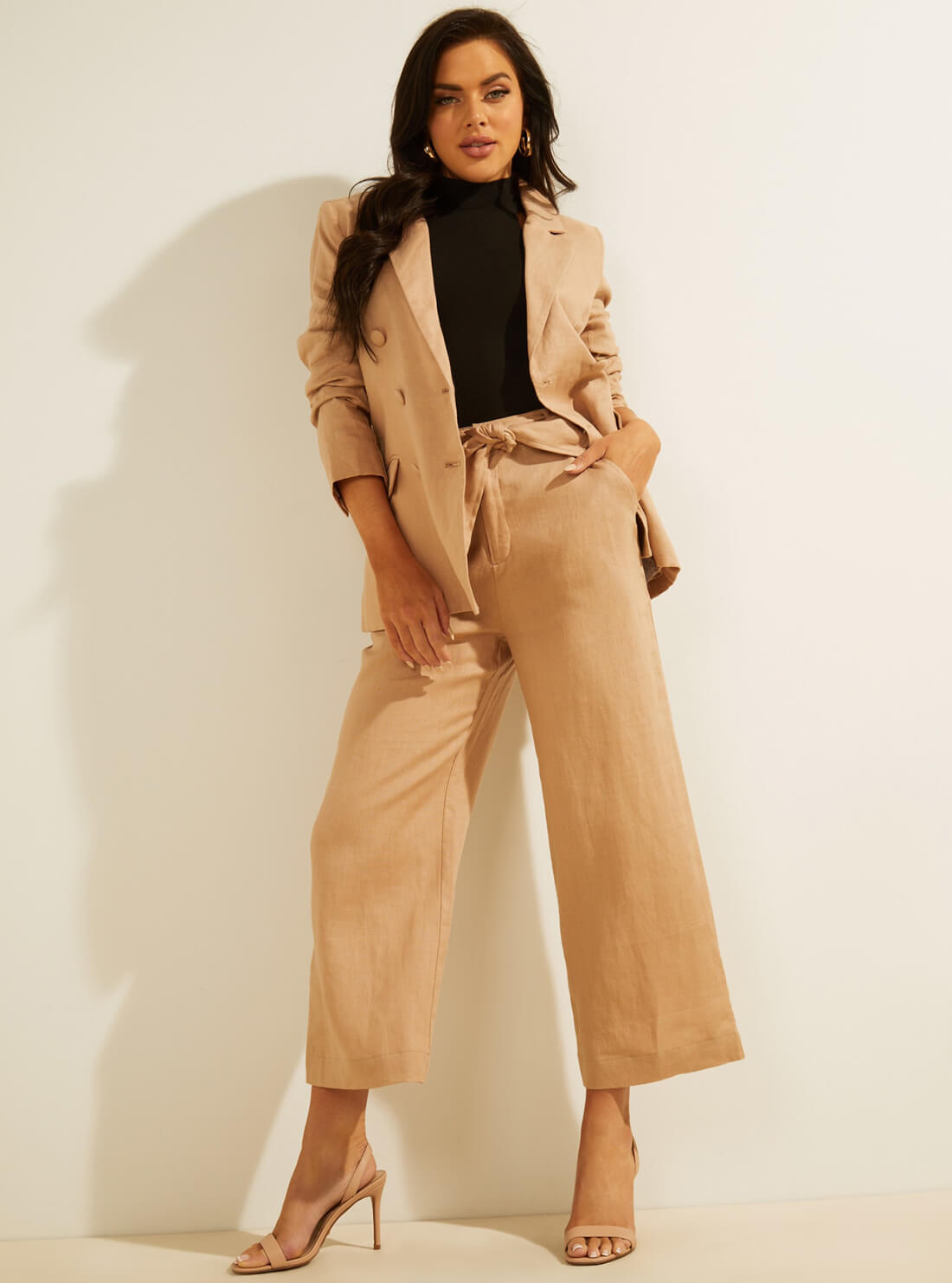 GUESS Womens Eco Tan High-Rise Linen Tessa Culotte Pants W1GB20RCWA1 Full View