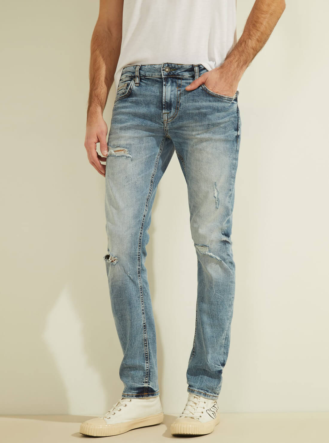GUESS Mens Eco Low-Rise Skinny Fit Miami Denim Jeans in Badwater Wash M1GAN1D4B13 Front View