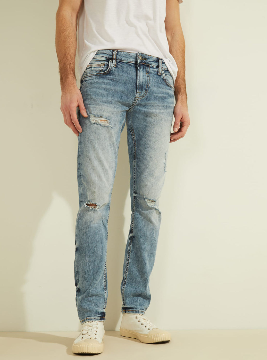 GUESS Mens Eco Low-Rise Skinny Fit Miami Denim Jeans in Badwater Blue Wash M1GAN1D4B13 Model Side View
