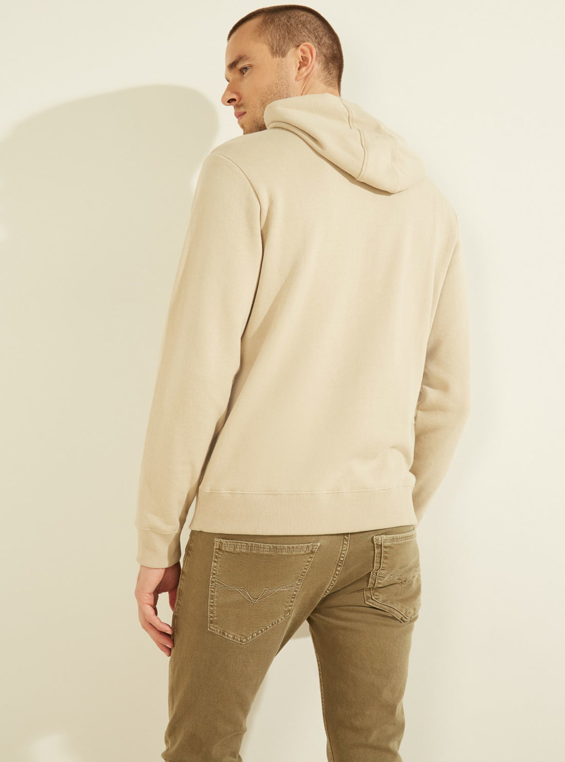 GUESS Mens Eco Cream Roy Embroidered Logo Hoodie M0GQ03R44Q7 Back View