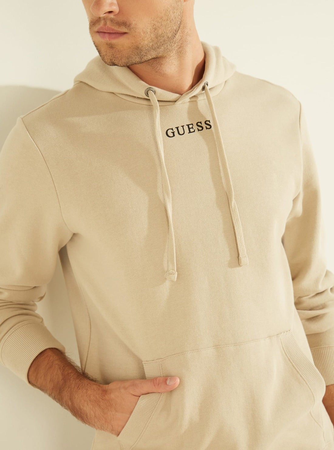 GUESS Mens Eco Cream Roy Embroidered Logo Hoodie M0GQ03R44Q7 Detail View