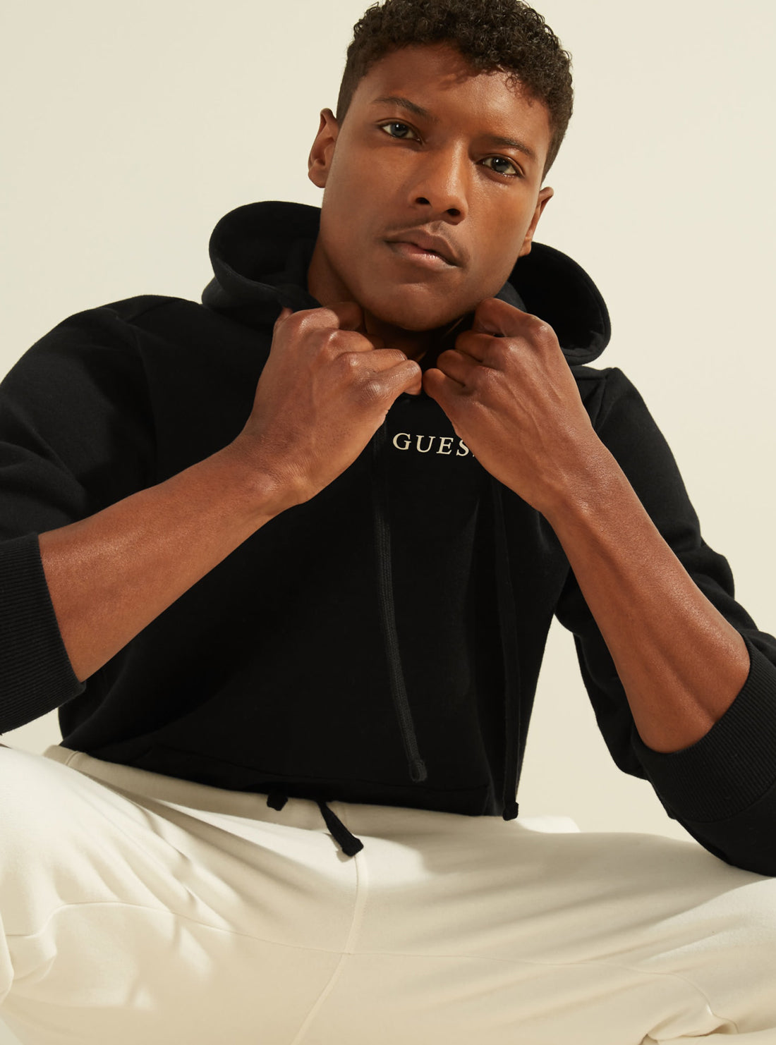 GUESS Mens Eco Black Roy Embroidered Logo Hoodie M0GQ03R44Q7 Detail View