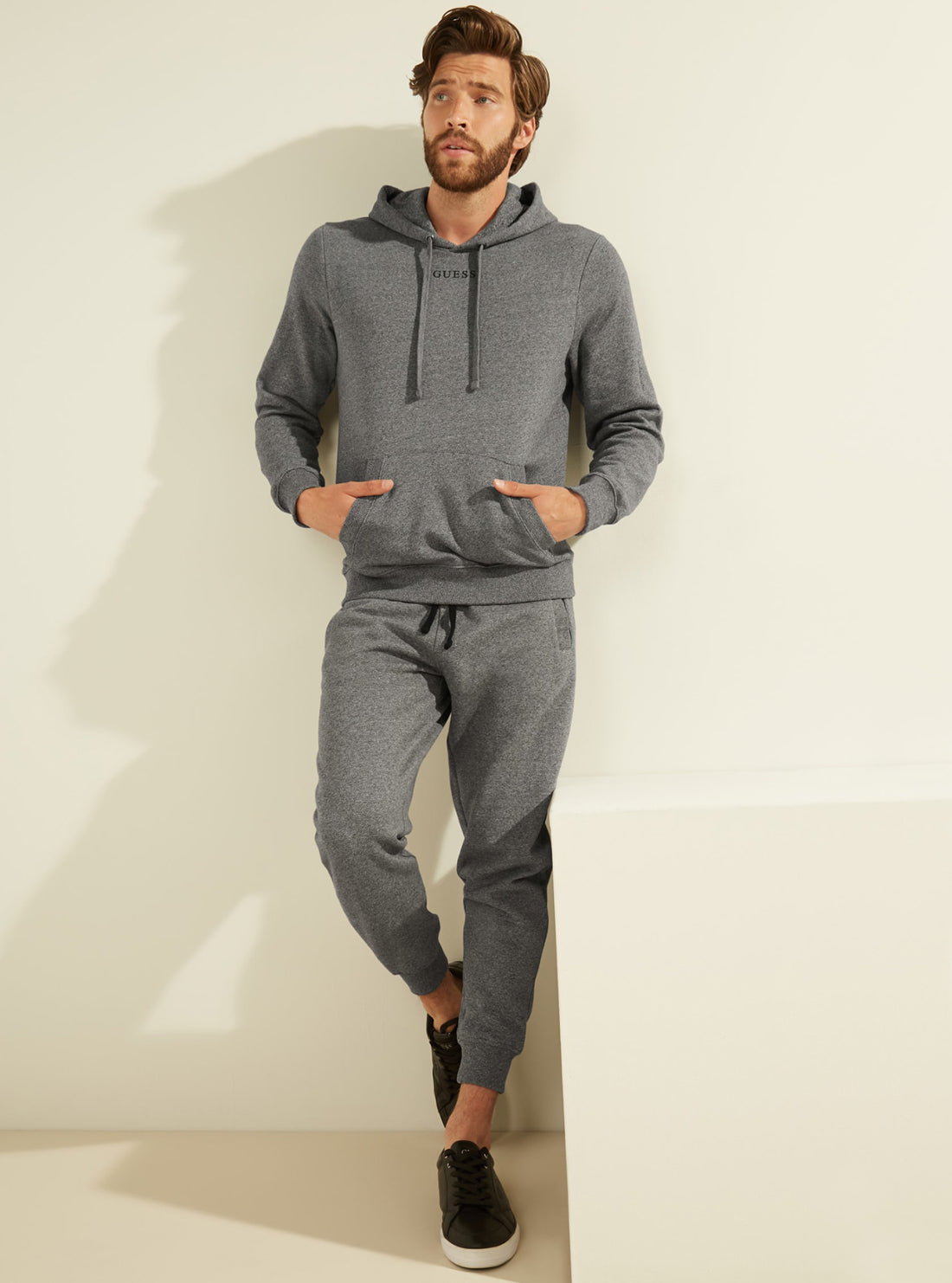 GUESS Mens Eco Grey Roy Embroidered Logo Hoodie M0GQ03R44Q7 Full View