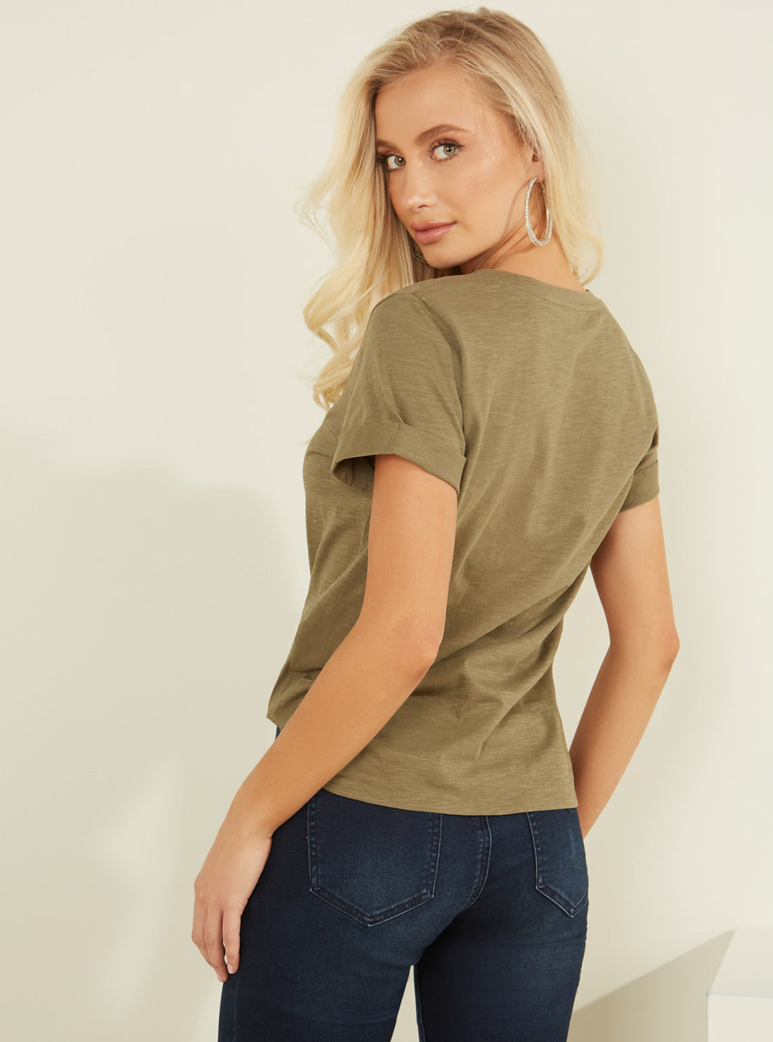 GUESS Womens Eco Green Short Sleeve GUESS 1981 Rolled Cuff T-Shirt W0GI69R8G01 Back View
