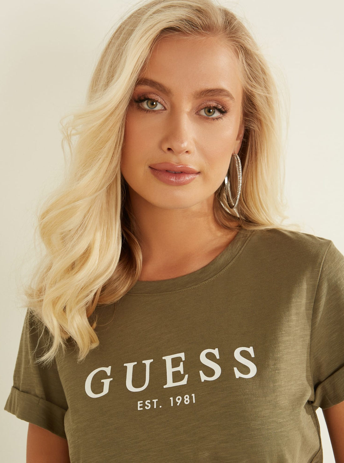 GUESS Womens Eco Green Short Sleeve GUESS 1981 Rolled Cuff T-Shirt W0GI69R8G01 Detail View
