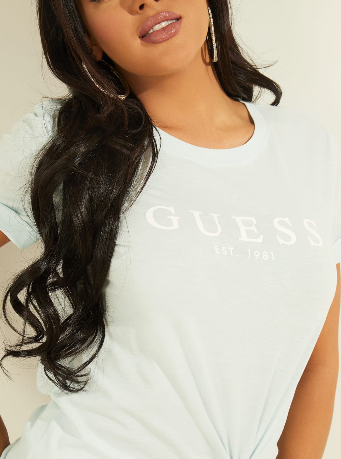GUESS Womens Eco Light Blue Short Sleeve GUESS 1981 Rolled Cuff T-Shirt W0GI69R8G01 Detail View