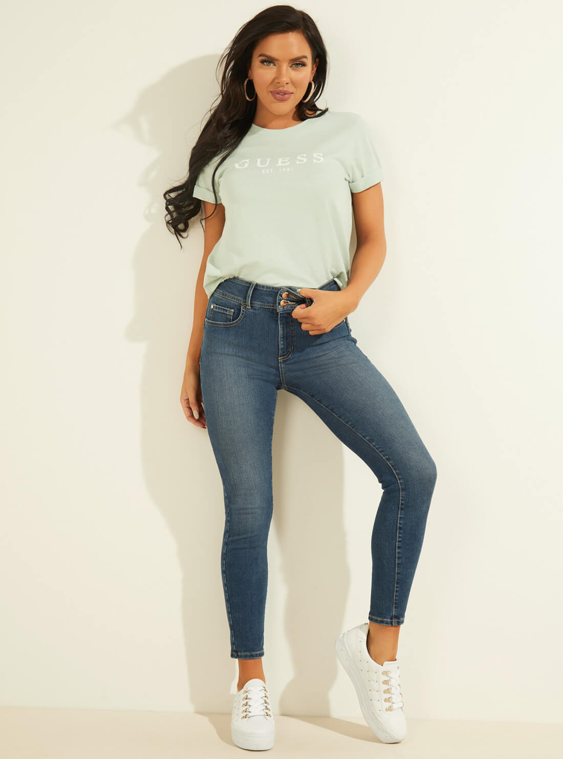 GUESS Womens Eco Light Teal Short Sleeve GUESS 1981 Rolled Cuff T-Shirt W0GI69R8G01 Full View
