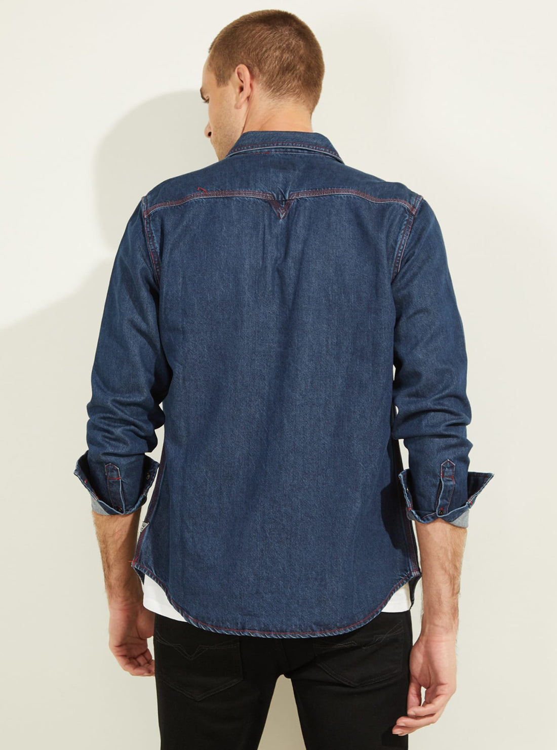 GUESS Mens Eco Slim Western Denim Dark Blue Shirt M0RH13R3S70 Back View