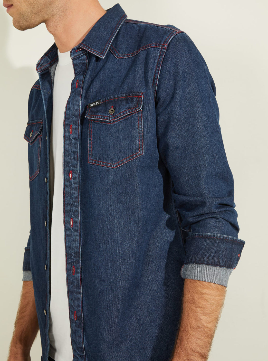 GUESS Mens Eco Slim Western Denim Dark Blue Shirt M0RH13R3S70 Side View