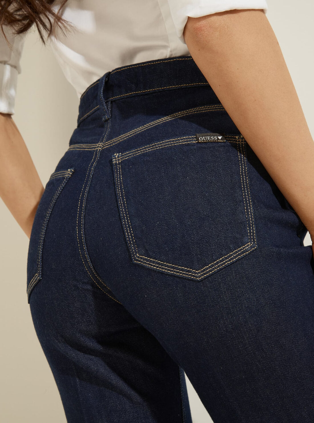 GUESS Womens Eco Super High-Rise 80's Straight Denim Jeans in Dark Indigo Wash W1BA33D4HI1 Back Detail View