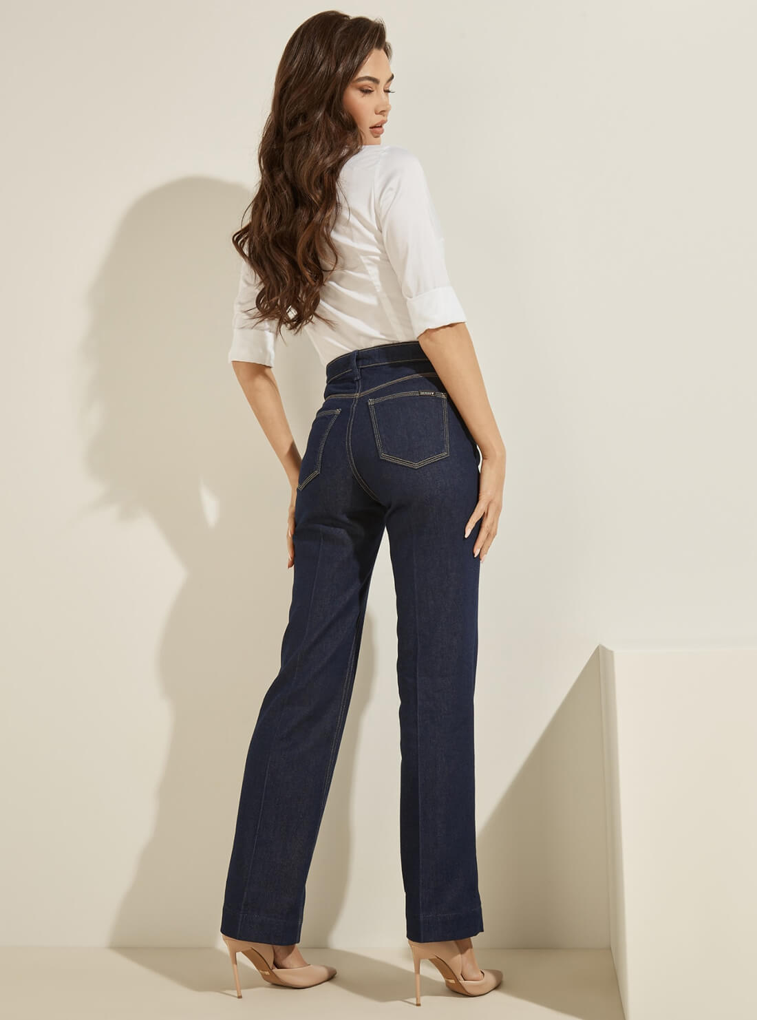 GUESS Womens Eco Super High-Rise 80's Straight Denim Jeans in Dark Indigo Wash W1BA33D4HI1 Back Full View