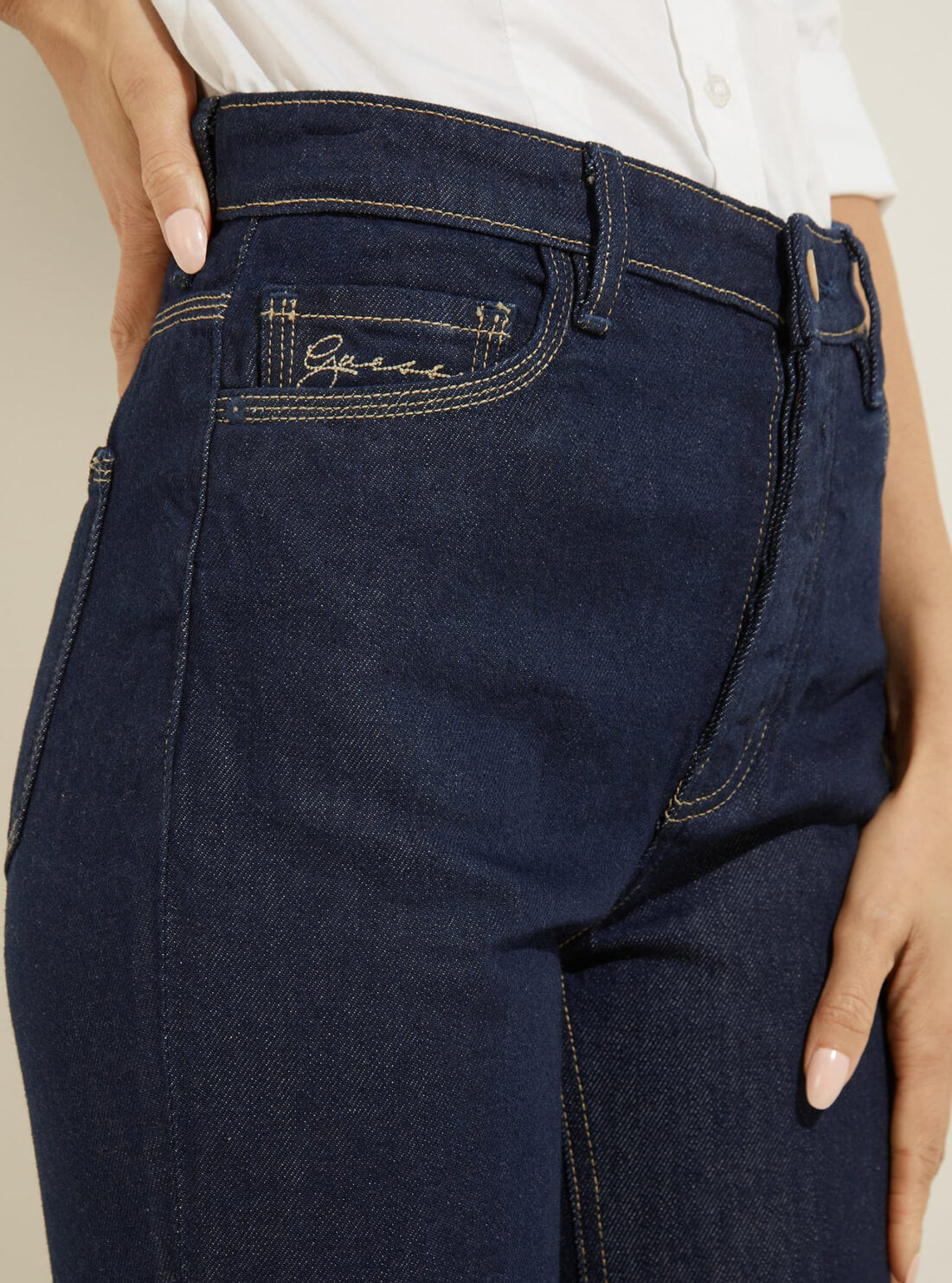 GUESS Womens Eco Super High-Rise 80's Straight Denim Jeans in Dark Indigo Wash W1BA33D4HI1 Detail View
