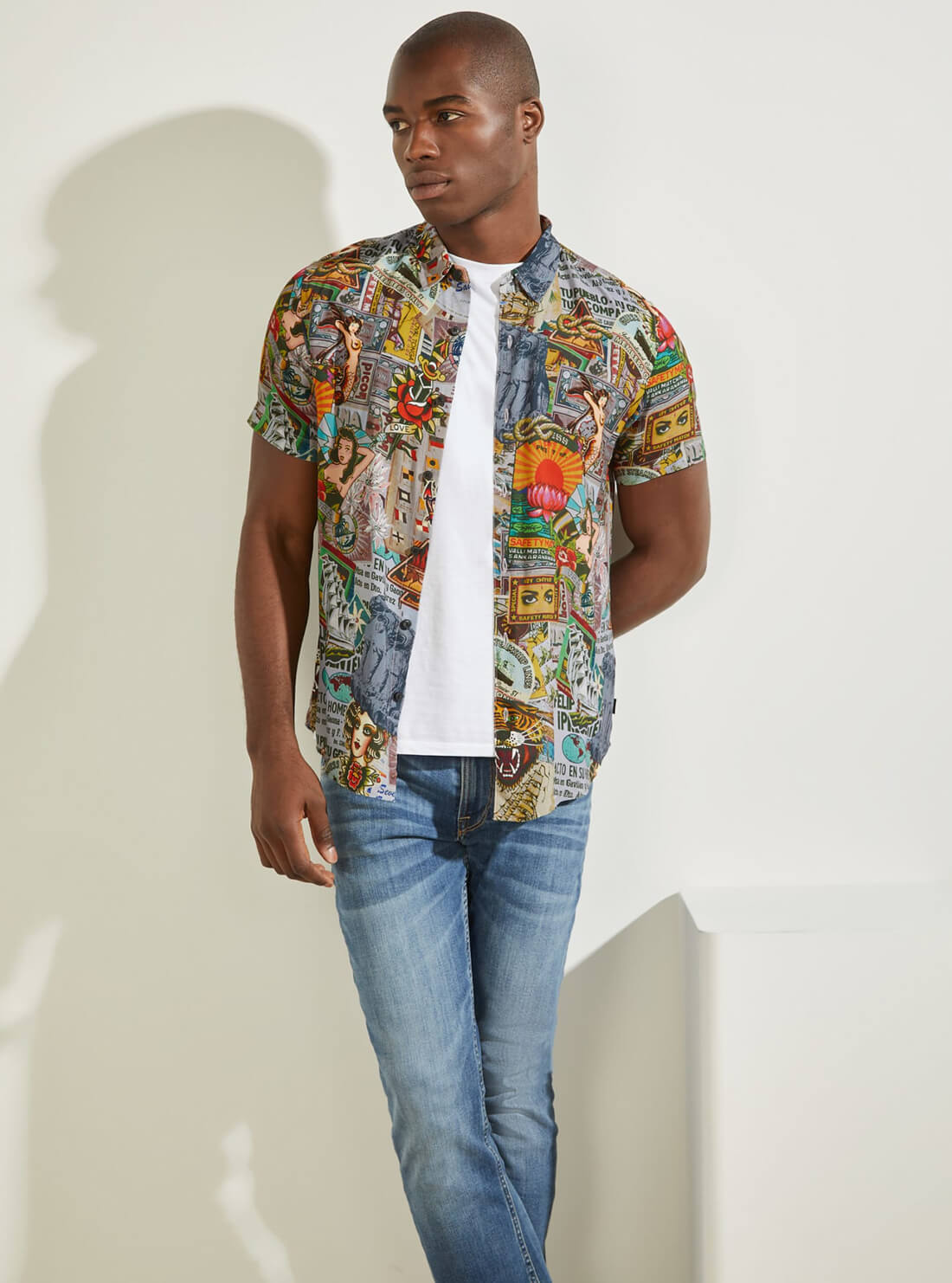 GUESS Mens Eco Multi Vintage Collage Shirt M1BH22WD4Z4 Front View