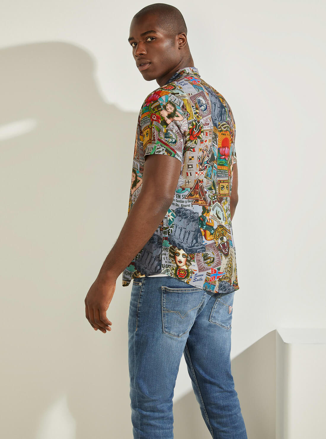 GUESS Mens Eco Multi Vintage Collage Shirt M1BH22WD4Z4 Back View