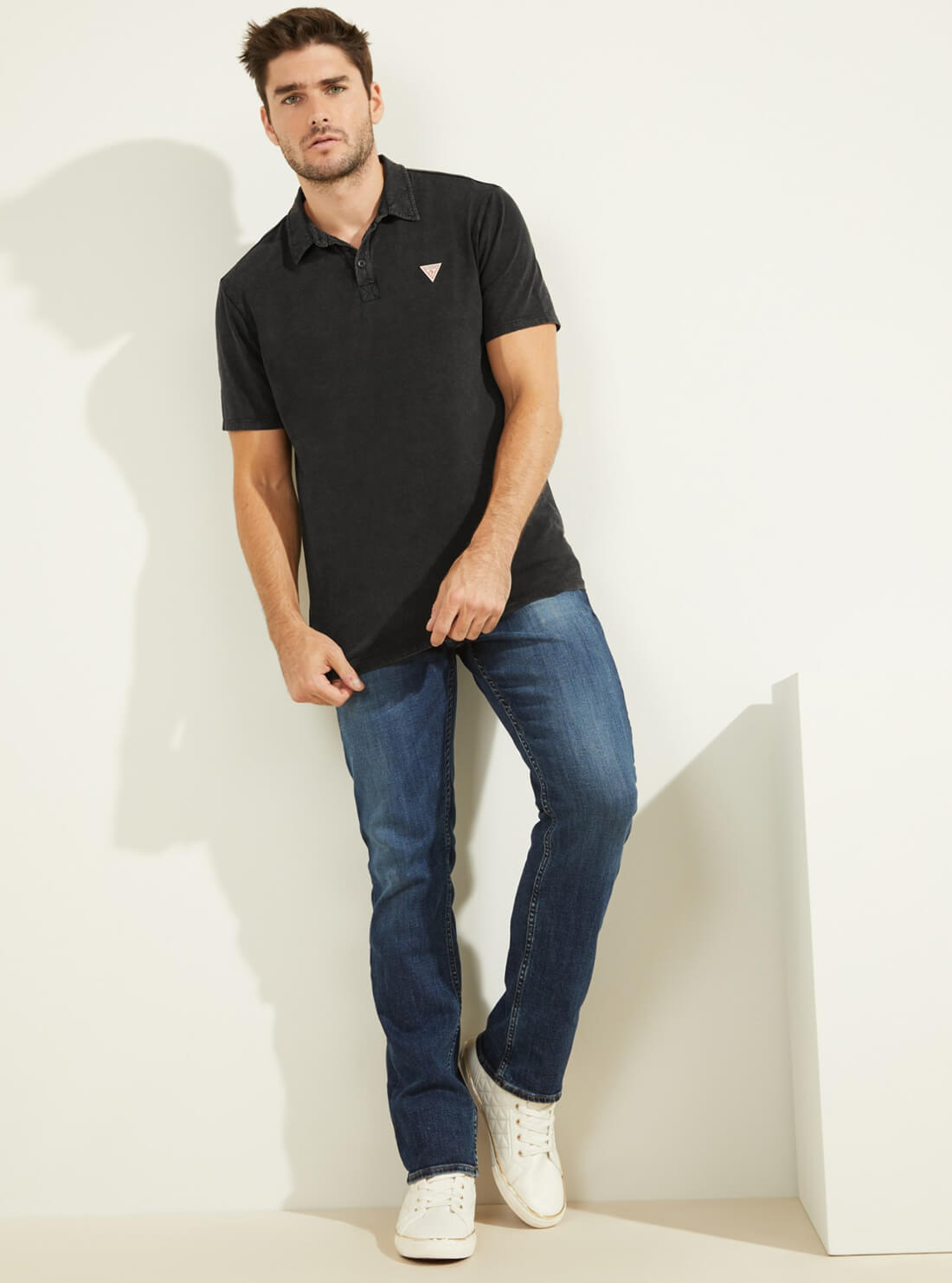 GUESS Mens Black Eli Jersey Washed Polo T-Shirt M0YP68R9Y10 Full View