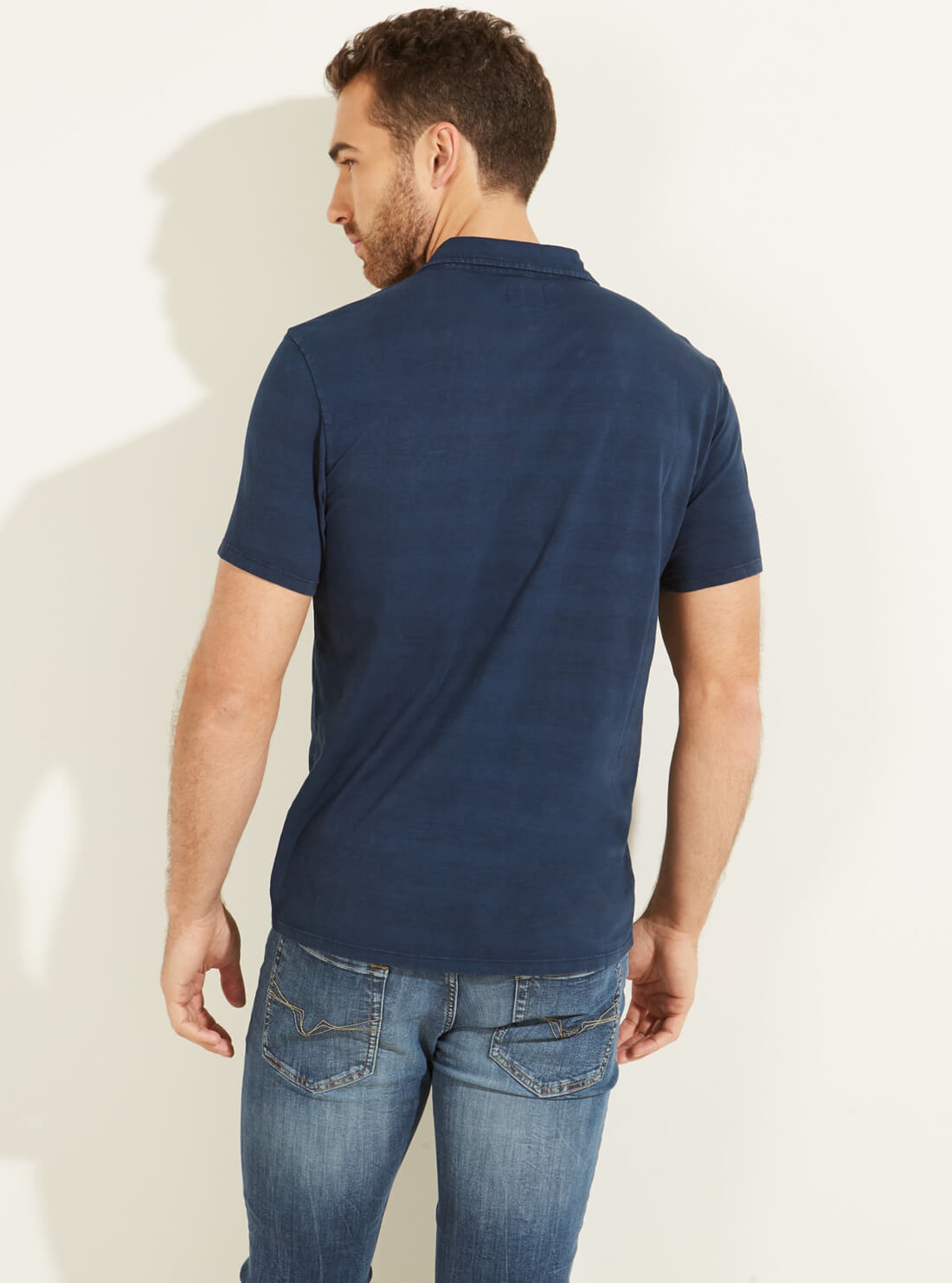 GUESS Mens Blue Striped Eli Jersey Washed Polo T-Shirt M0YP68R9Y10 Back View