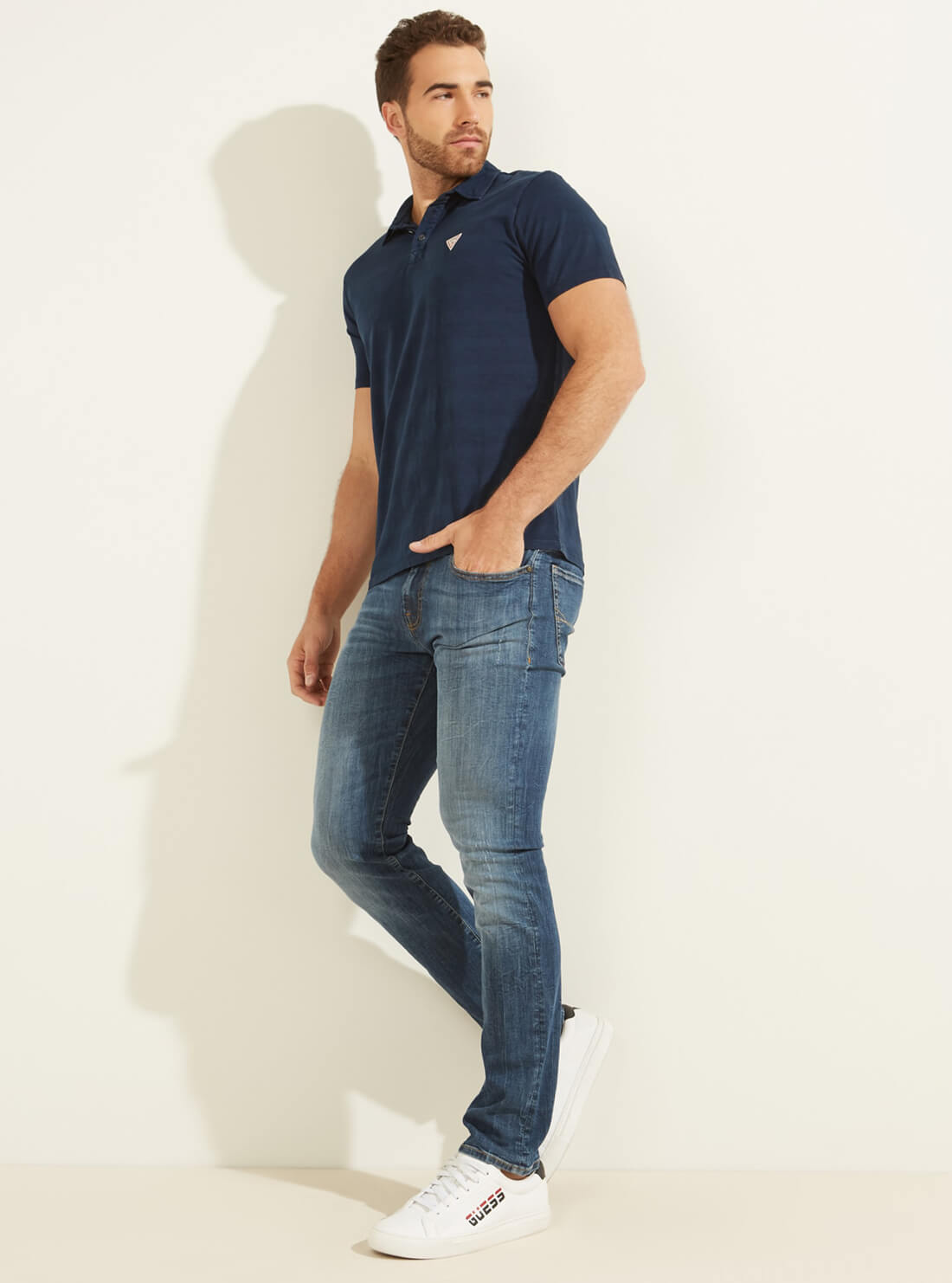 GUESS Mens Blue Striped Eli Jersey Washed Polo T-Shirt M0YP68R9Y10 Full View
