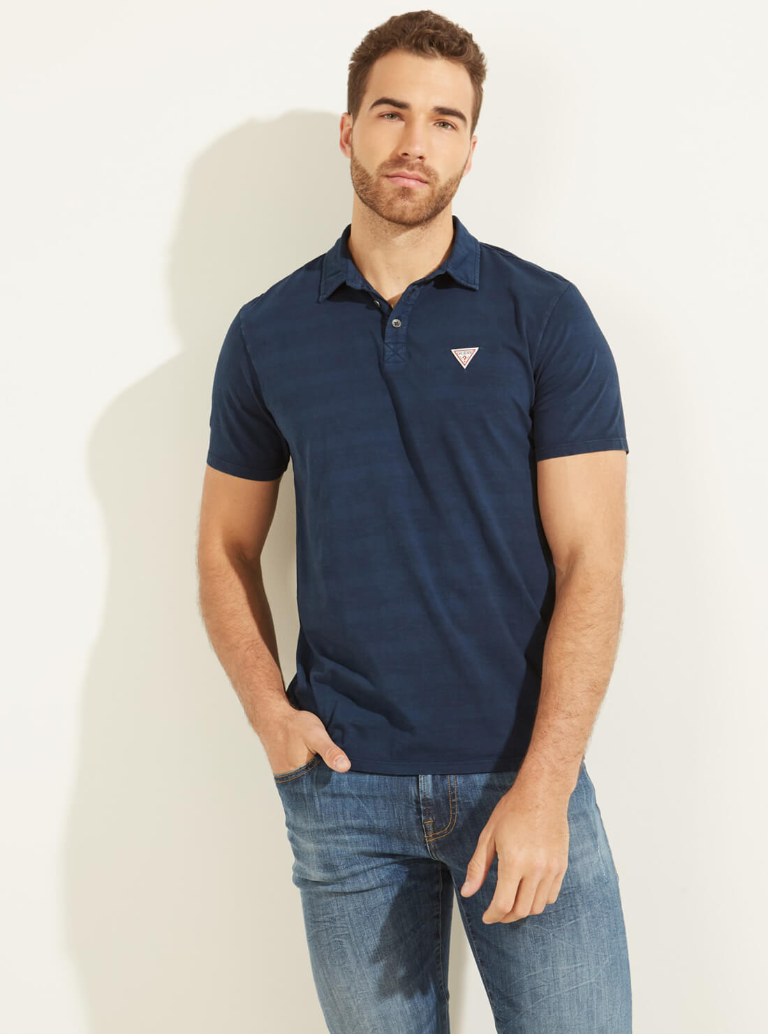 GUESS Mens Blue Striped Eli Jersey Washed Polo T-Shirt M0YP68R9Y10 Front View