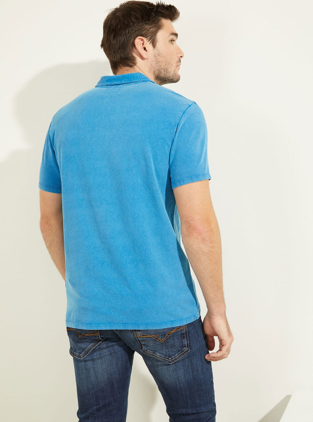 GUESS Mens Sapphire Blue Eli Jersey Washed Polo T-Shirt M0YP68R9Y10 Back View