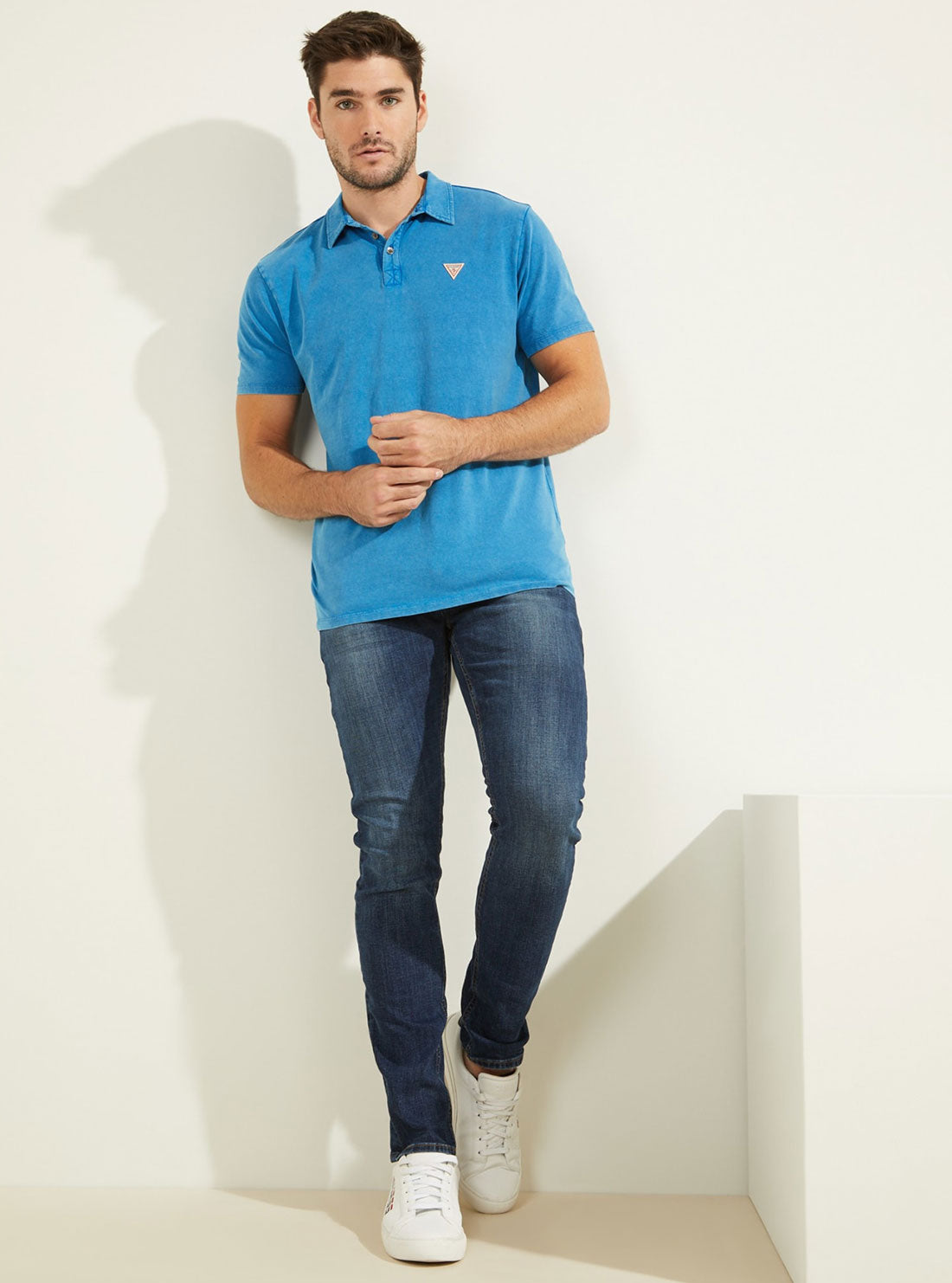 GUESS Mens Sapphire Blue Eli Jersey Washed Polo T-Shirt M0YP68R9Y10 Full View