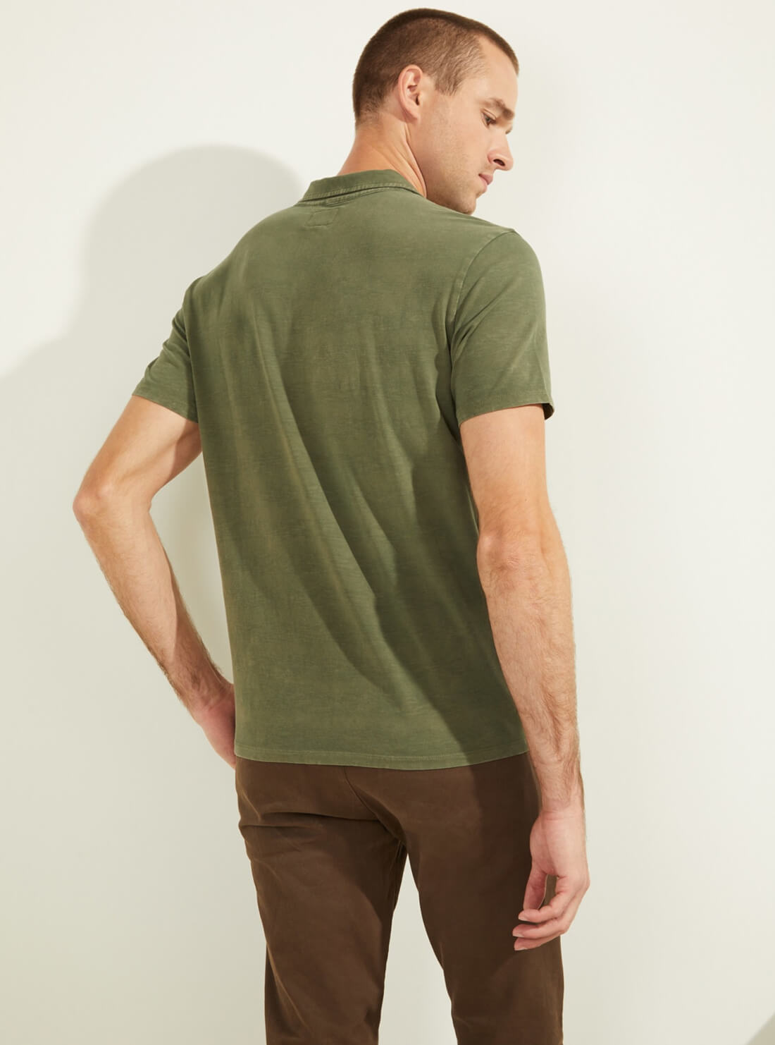 GUESS Mens Army Green Eli Jersey Washed Polo T-Shirt M0YP68R9Y10 Back View