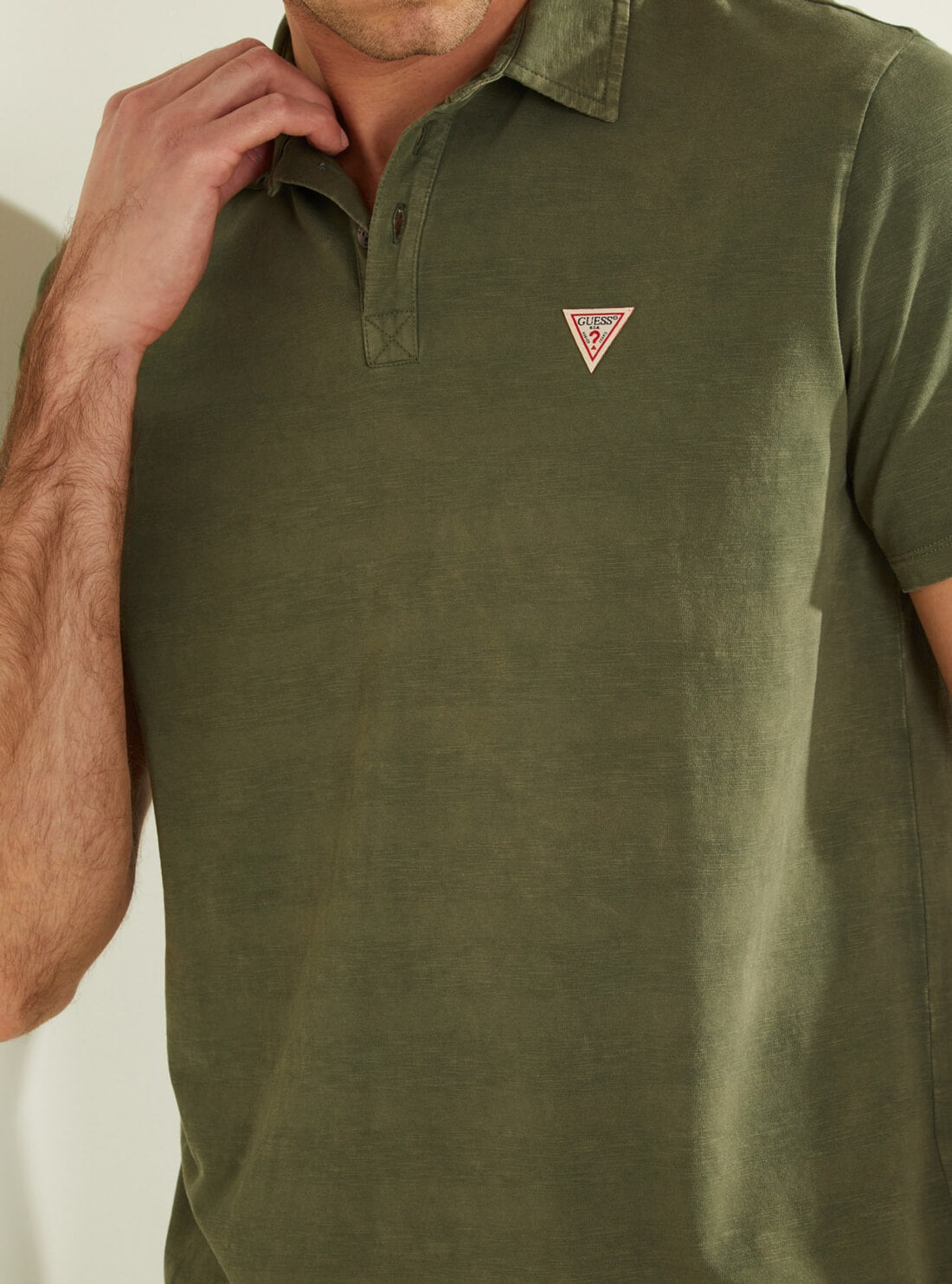 GUESS Mens Army Green Eli Jersey Washed Polo T-Shirt M0YP68R9Y10 Detail View