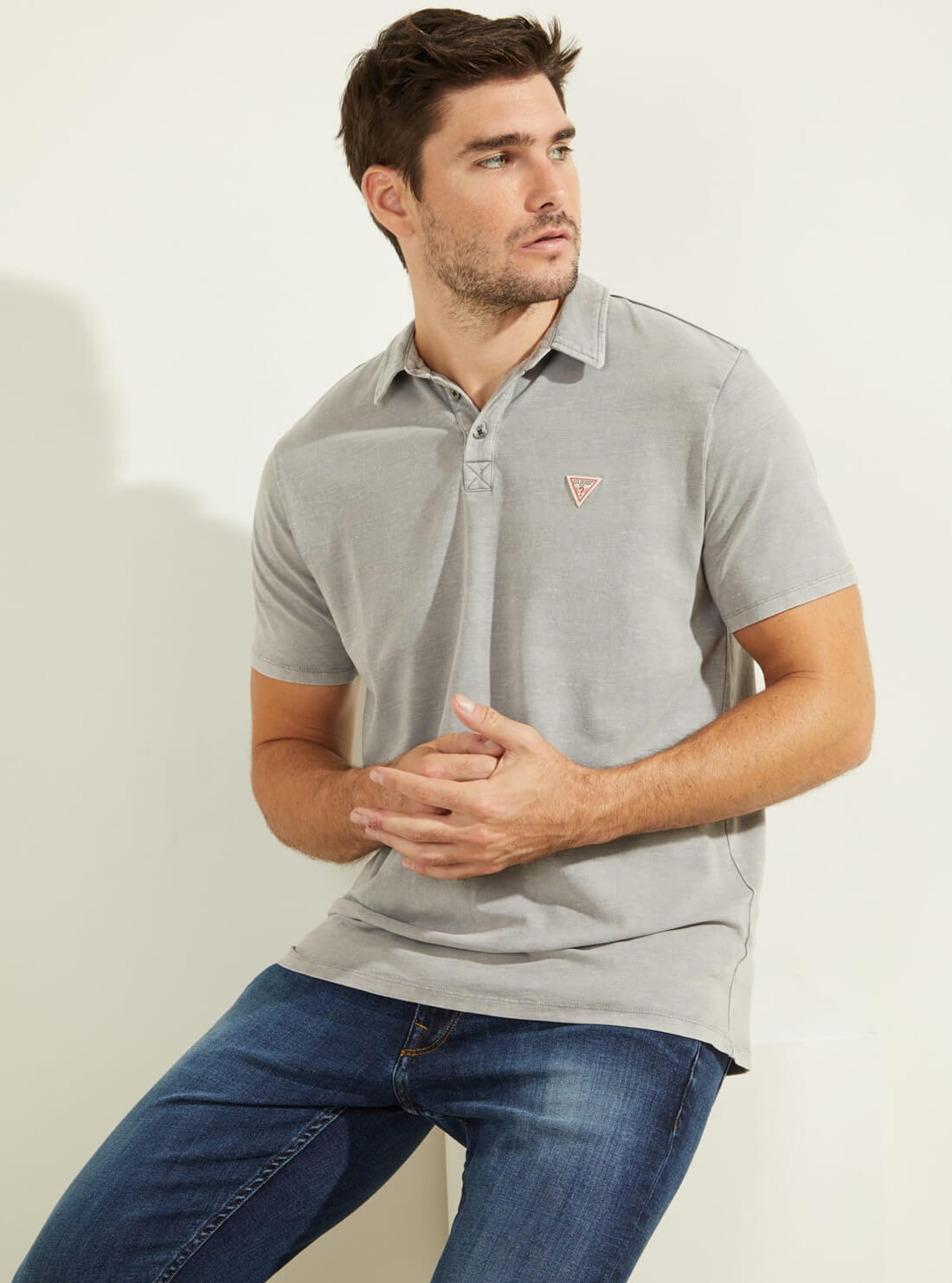 GUESS Mens Grey Eli Jersey Washed Polo T-Shirt M0YP68R9Y10 Front View