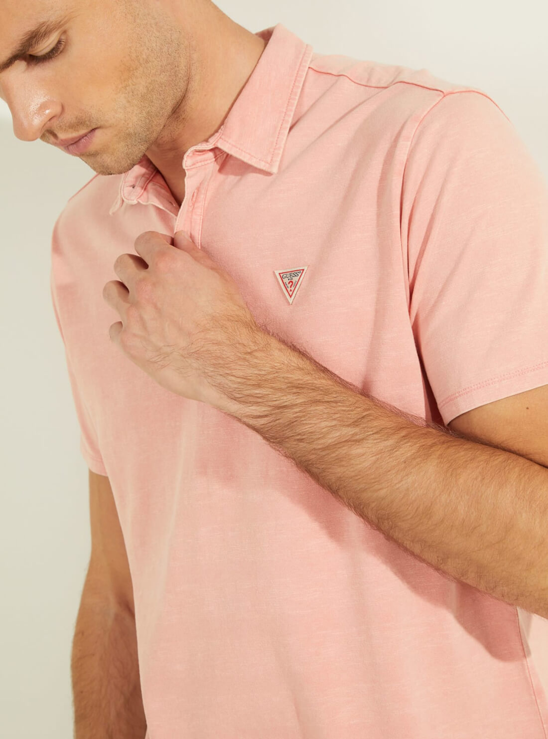 GUESS Mens Pink Eli Jersey Washed Polo T-Shirt M0YP68R9Y10 Detail View