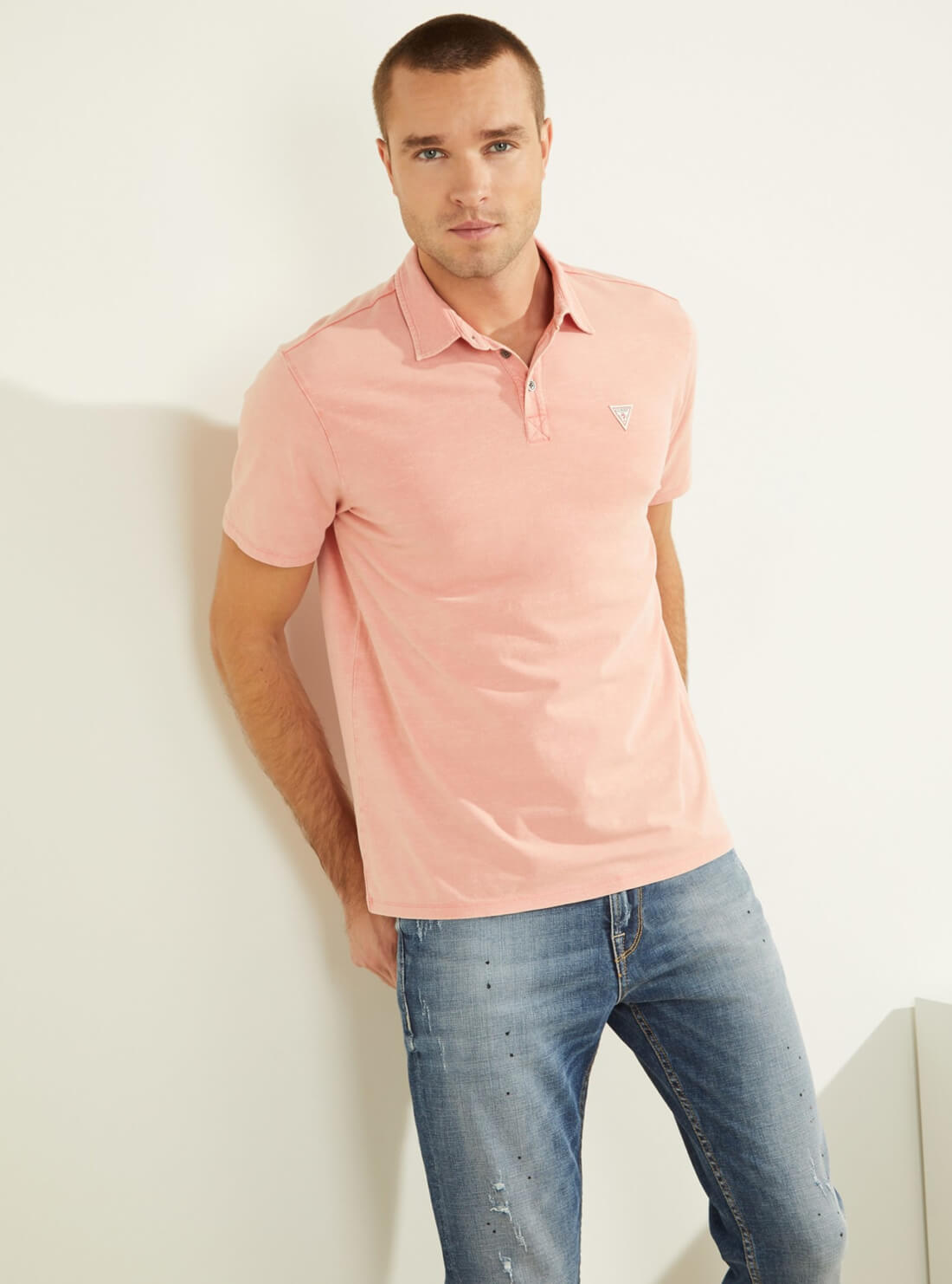 GUESS Mens Pink Eli Jersey Washed Polo T-Shirt M0YP68R9Y10 Front View