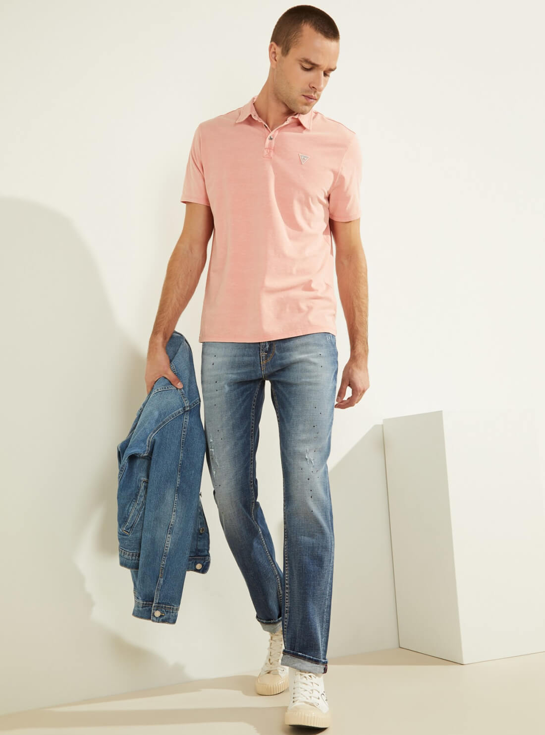 GUESS Mens Pink Eli Jersey Washed Polo T-Shirt M0YP68R9Y10 Full View