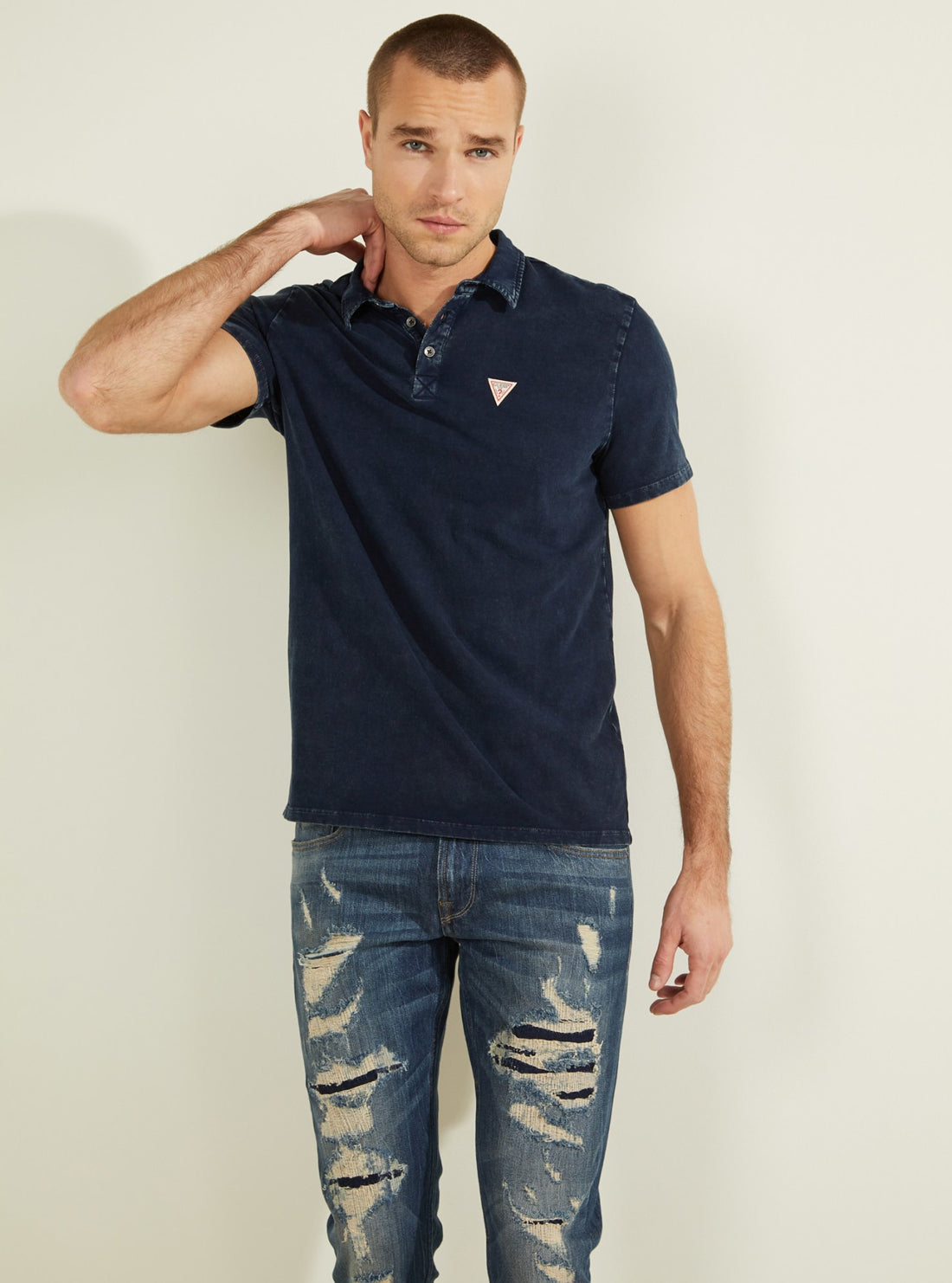 GUESS Men's Deep Blue Eli Jersey Washed Polo T-Shirt M0YP68R9Y10 Front View